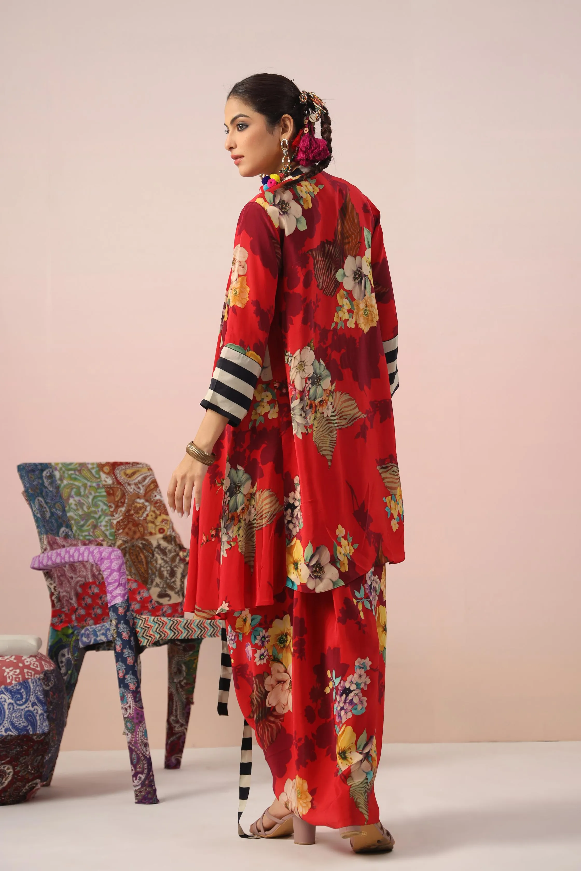 Bright Red Floral Printed Crepe Silk Cape Set