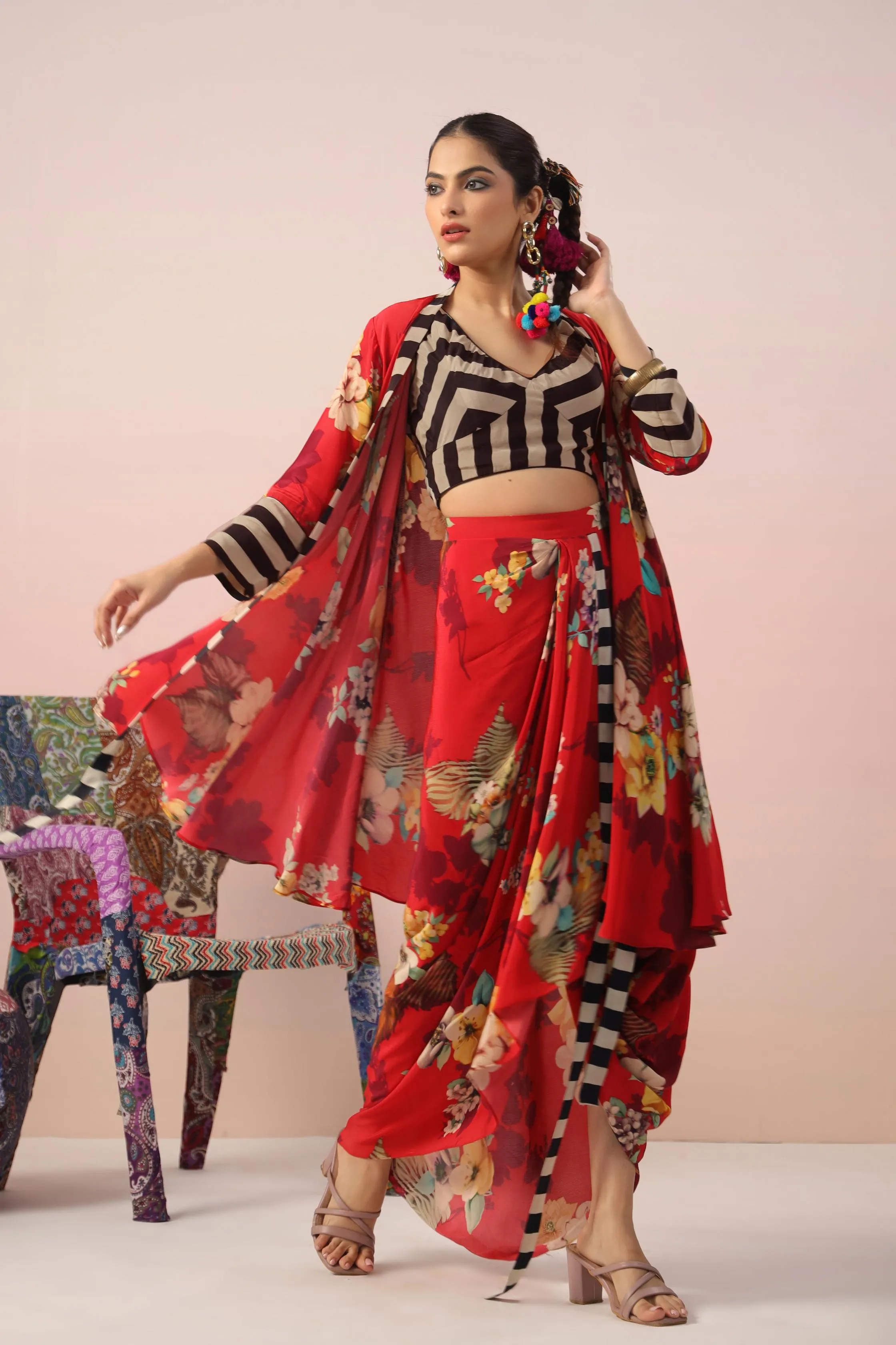 Bright Red Floral Printed Crepe Silk Cape Set