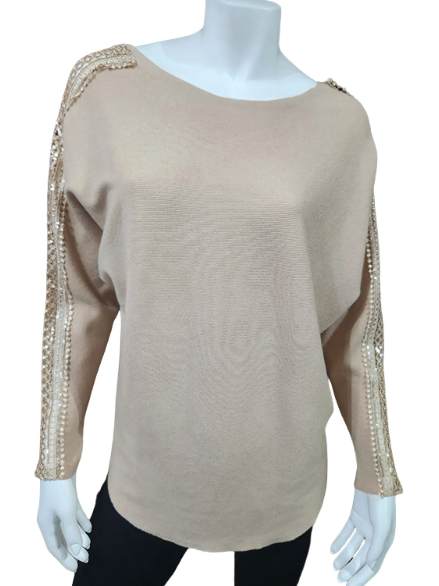 Camel light knit with open lace & sequin sleeve detail