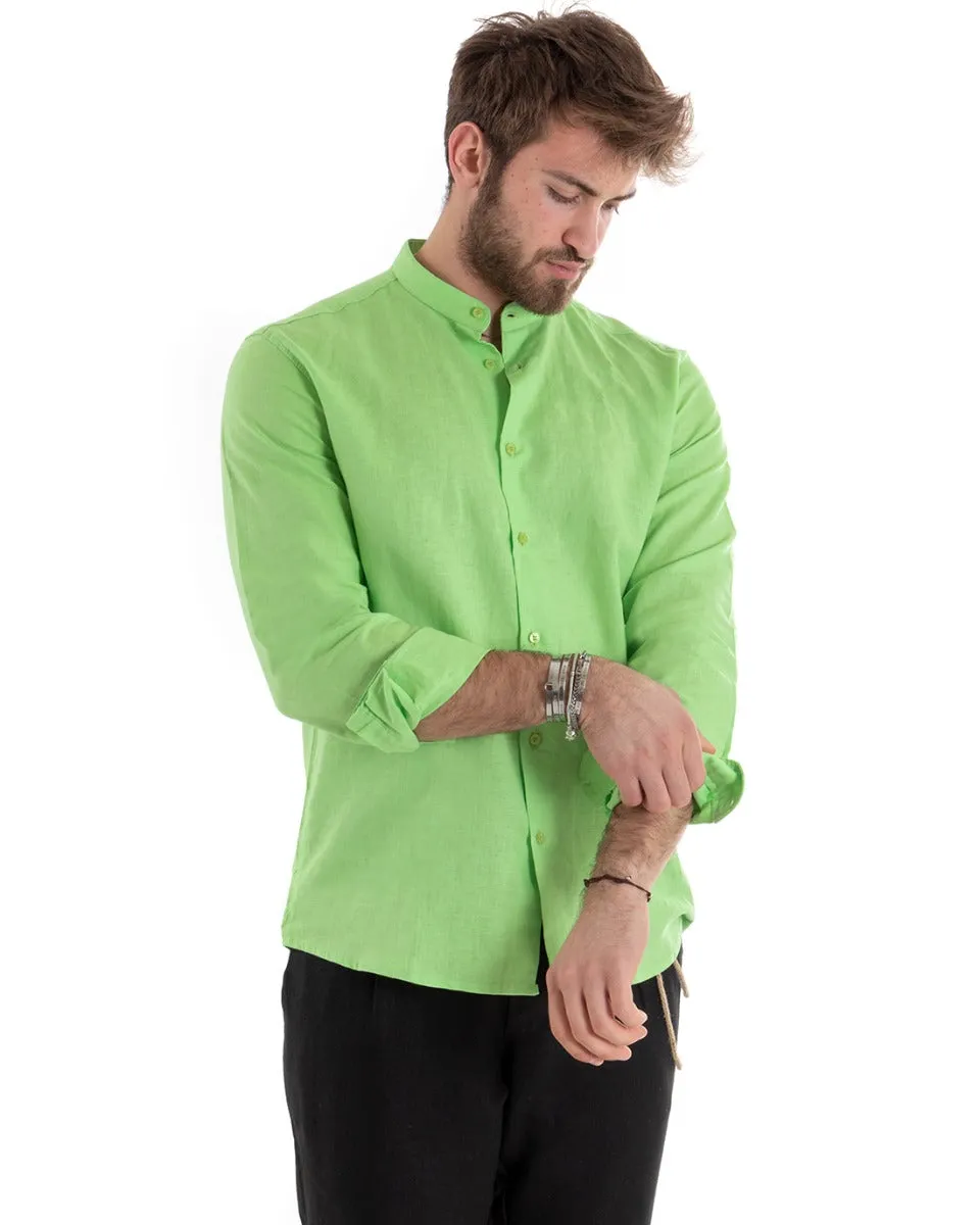 Camicia Uomo Collo Coreano Manica Lunga Lino Tinta Unita Sartoriale Verde Acido GIOSAL-C2671A