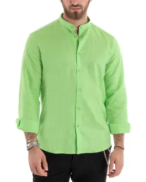 Camicia Uomo Collo Coreano Manica Lunga Lino Tinta Unita Sartoriale Verde Acido GIOSAL-C2671A