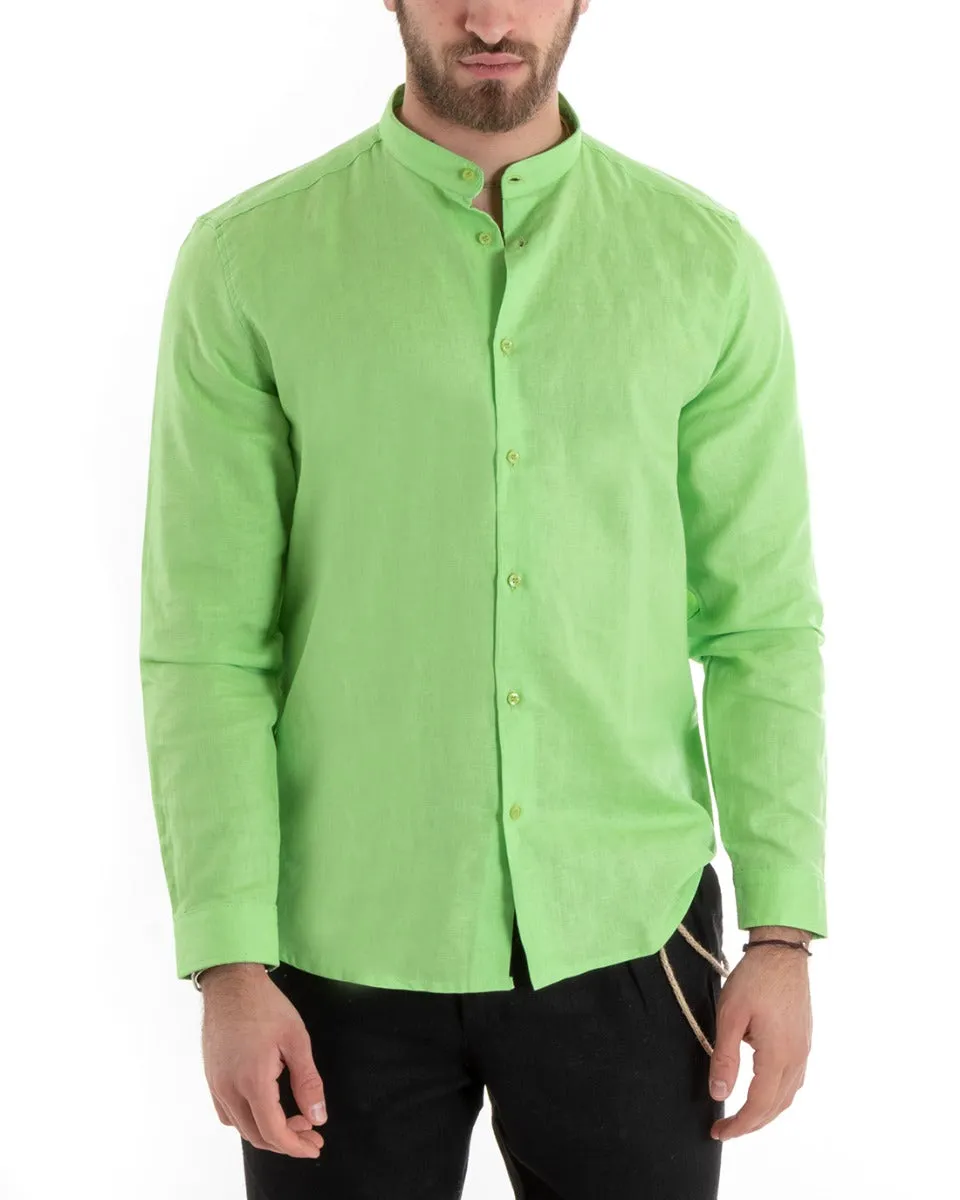 Camicia Uomo Collo Coreano Manica Lunga Lino Tinta Unita Sartoriale Verde Acido GIOSAL-C2671A