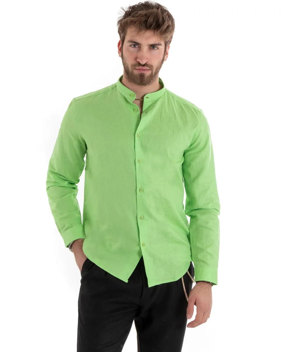 Camicia Uomo Collo Coreano Manica Lunga Lino Tinta Unita Sartoriale Verde Acido GIOSAL-C2671A