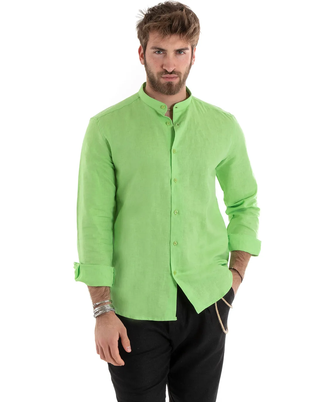 Camicia Uomo Collo Coreano Manica Lunga Lino Tinta Unita Sartoriale Verde Acido GIOSAL-C2671A