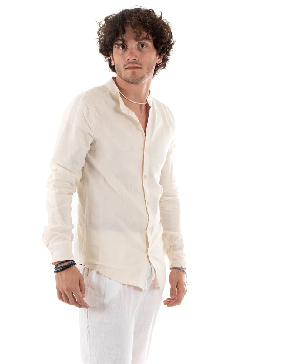 Camicia Uomo Collo Coreano Slim Fit Lino Tinta Unita Maniche Lunghe Beige GIOSAL-C2783A