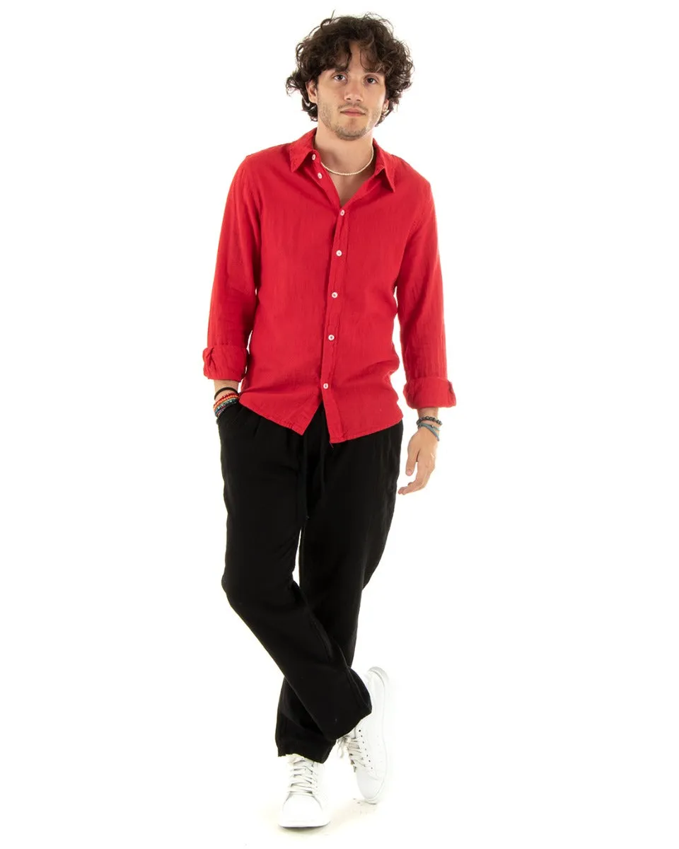 Camicia Uomo Con Colletto Slim Fit Lino Tinta Unita Maniche Lunghe Rosso GIOSAL-C2763A