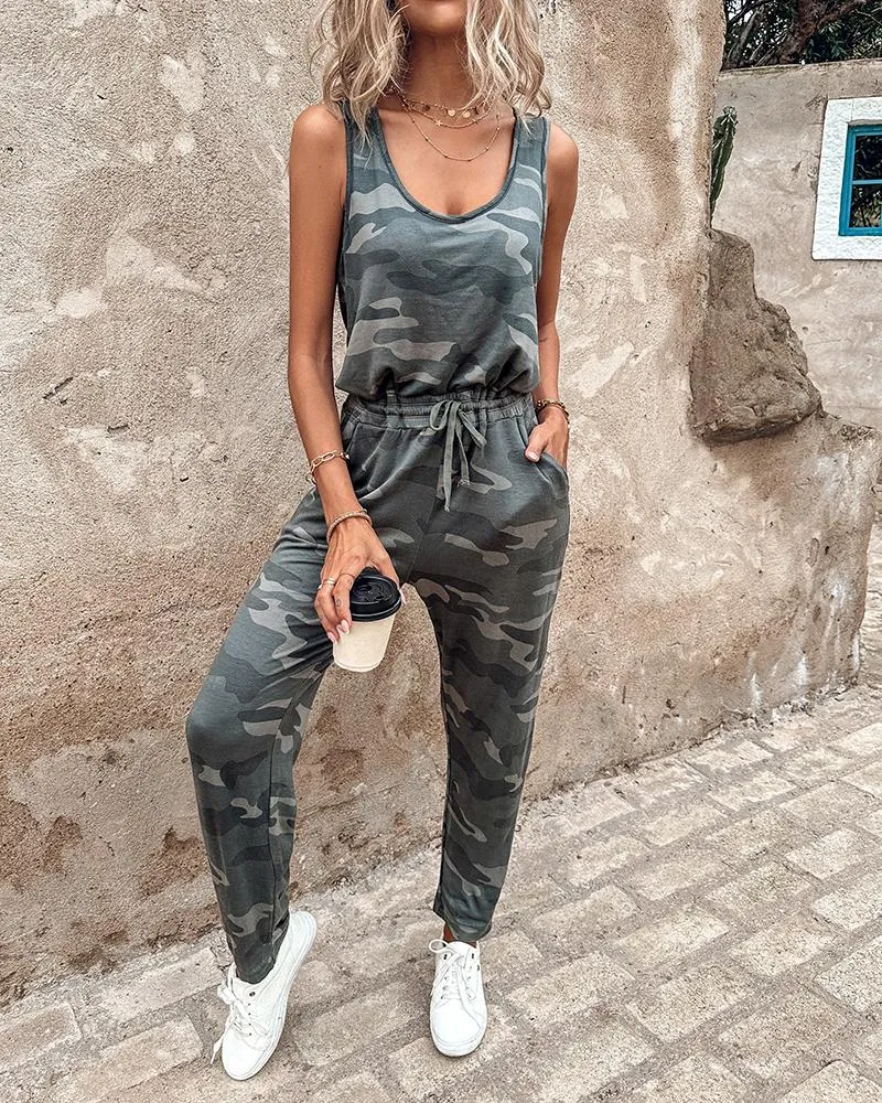 Camouflage Print Sleeveless Drawstring Jumpsuit