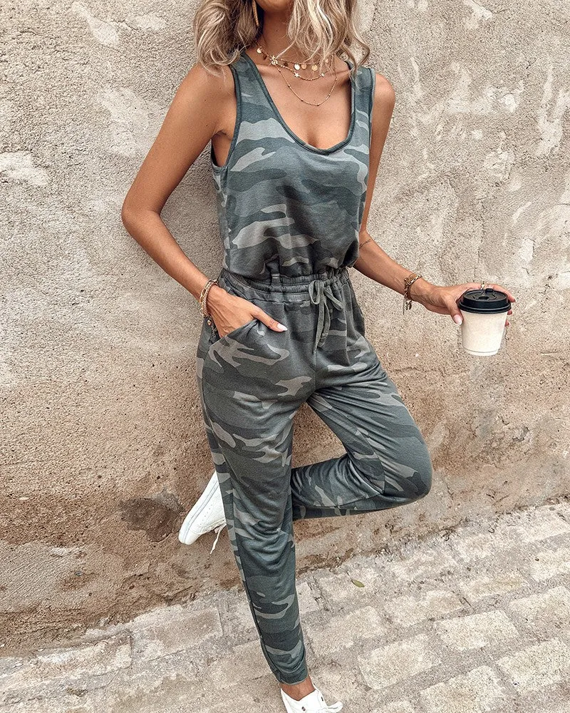 Camouflage Print Sleeveless Drawstring Jumpsuit