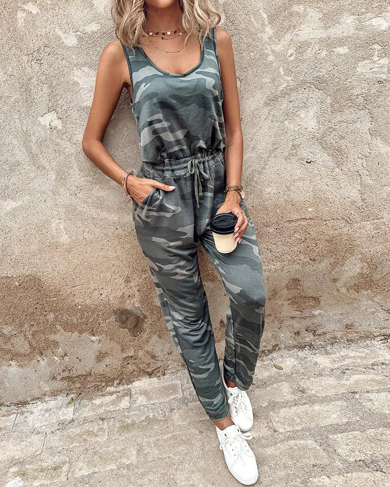 Camouflage Print Sleeveless Drawstring Jumpsuit