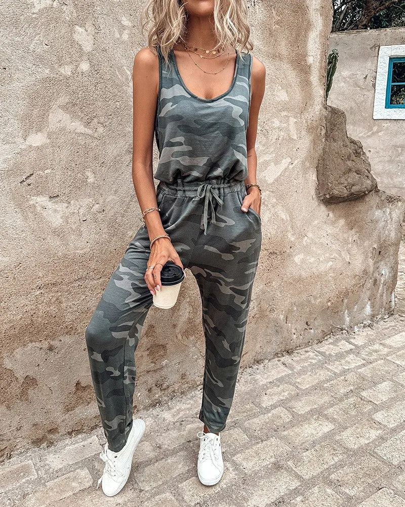 Camouflage Print Sleeveless Drawstring Jumpsuit