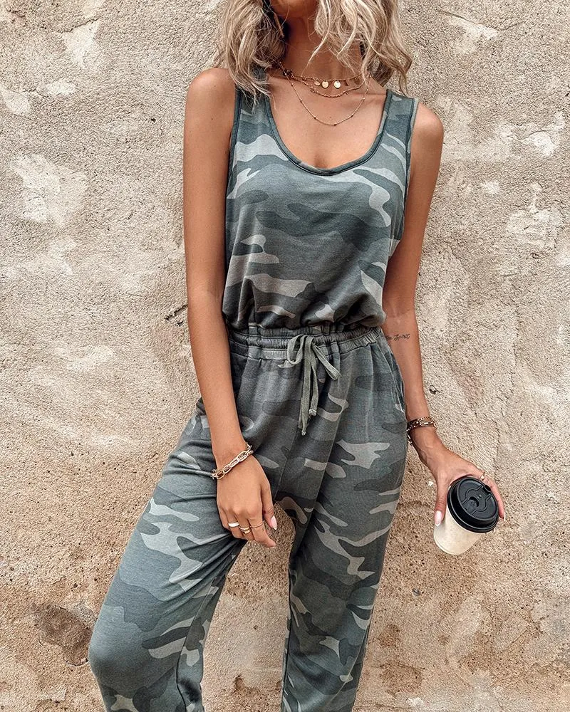 Camouflage Print Sleeveless Drawstring Jumpsuit