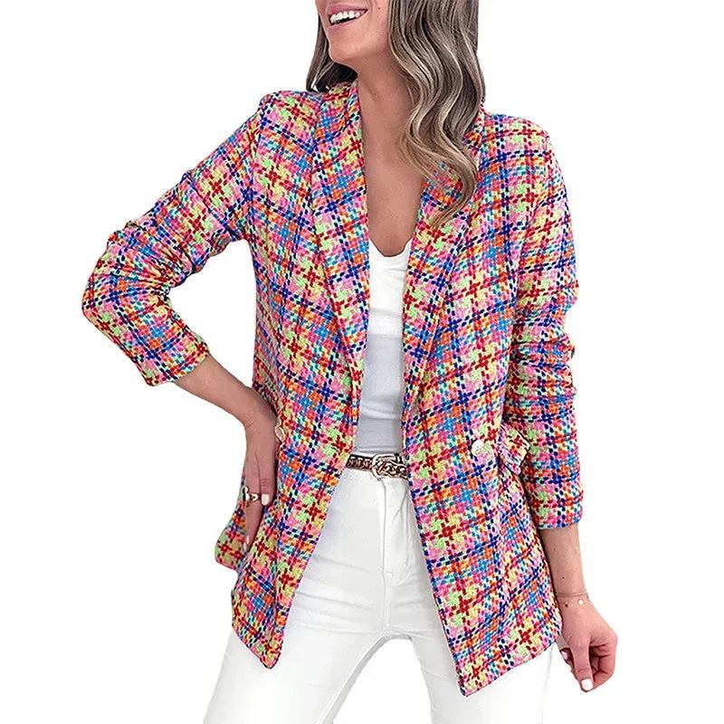 Checker Long Sleeve Office Pocket Casual Suit Women's Jacket