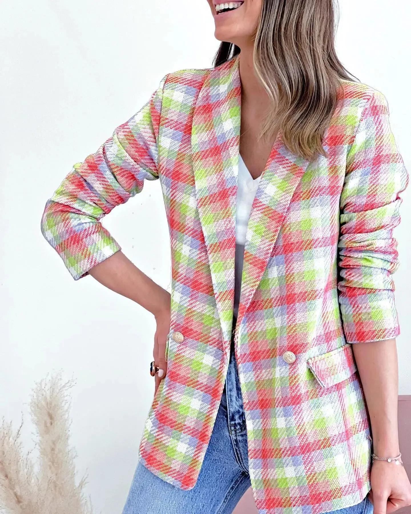 Checker Long Sleeve Office Pocket Casual Suit Women's Jacket