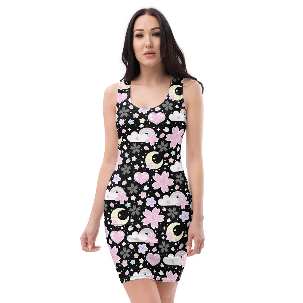 Cherry Blossom Dreams Black Bodycon Dress