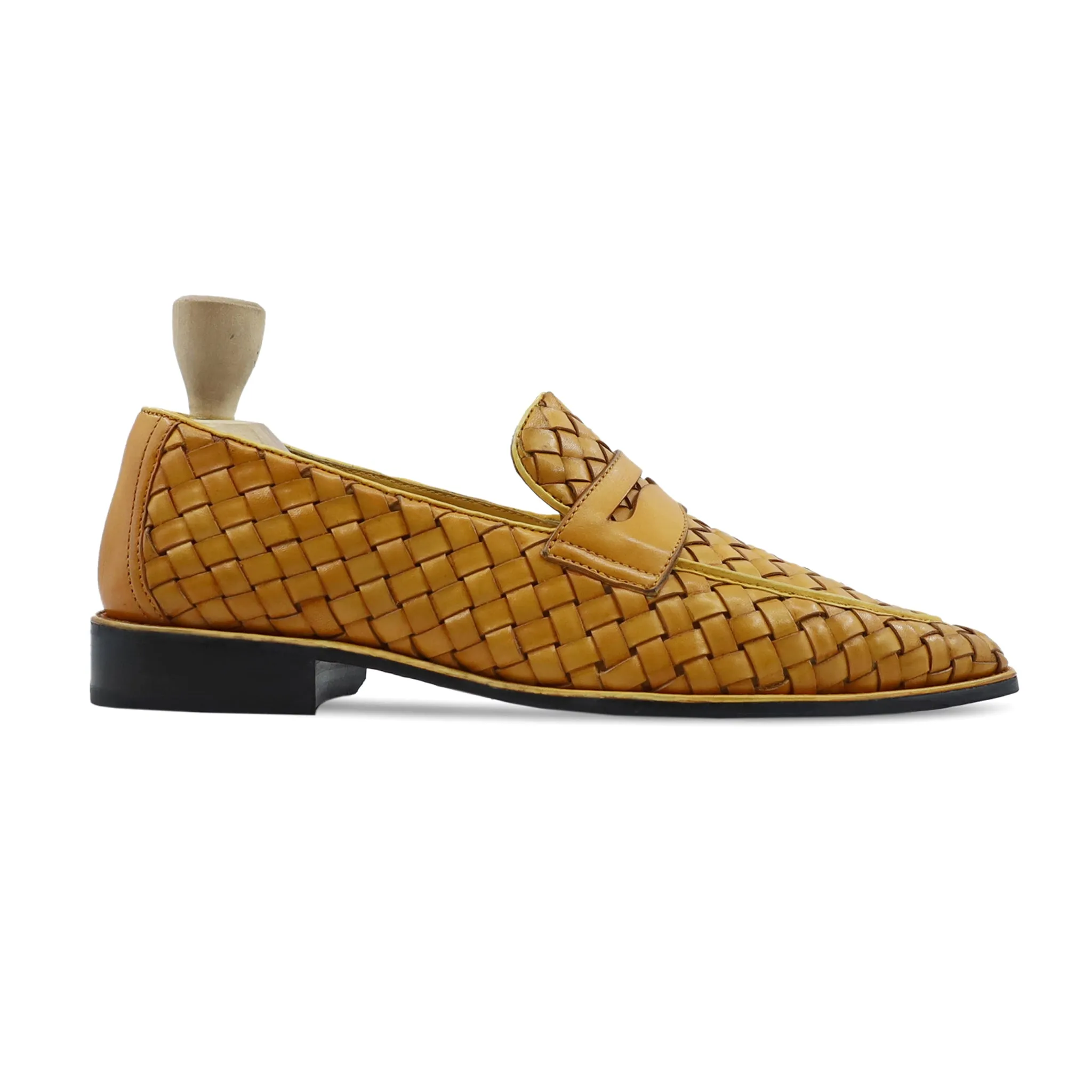 Coral - Men's Yellow Handmade Woven Leather Loafer