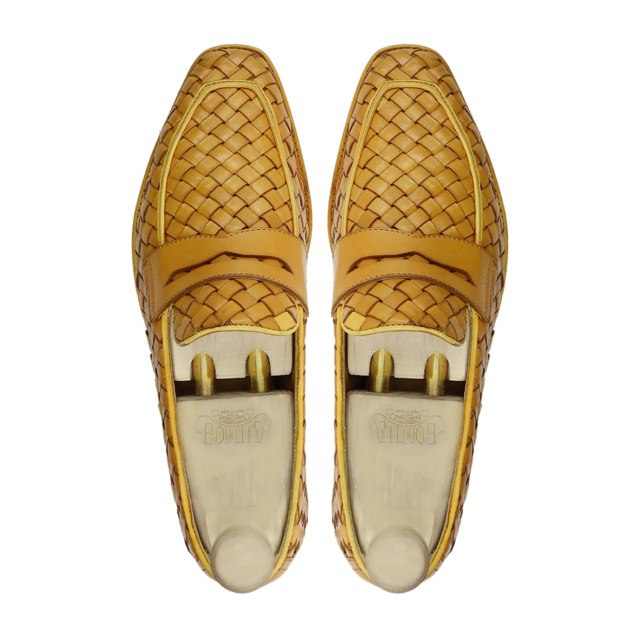 Coral - Men's Yellow Handmade Woven Leather Loafer