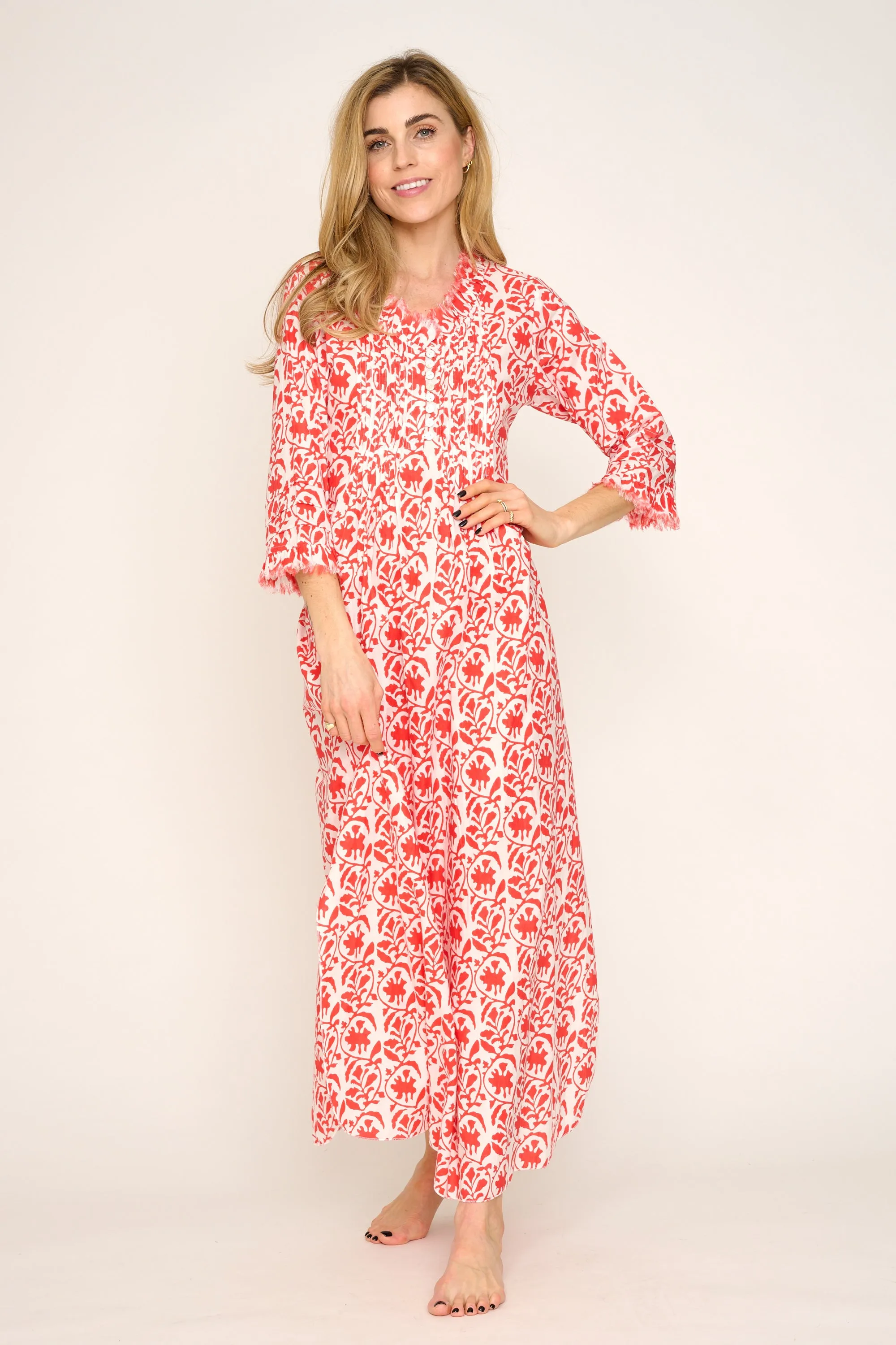 Cotton Annabel Maxi Dress in White With Orange Trellis