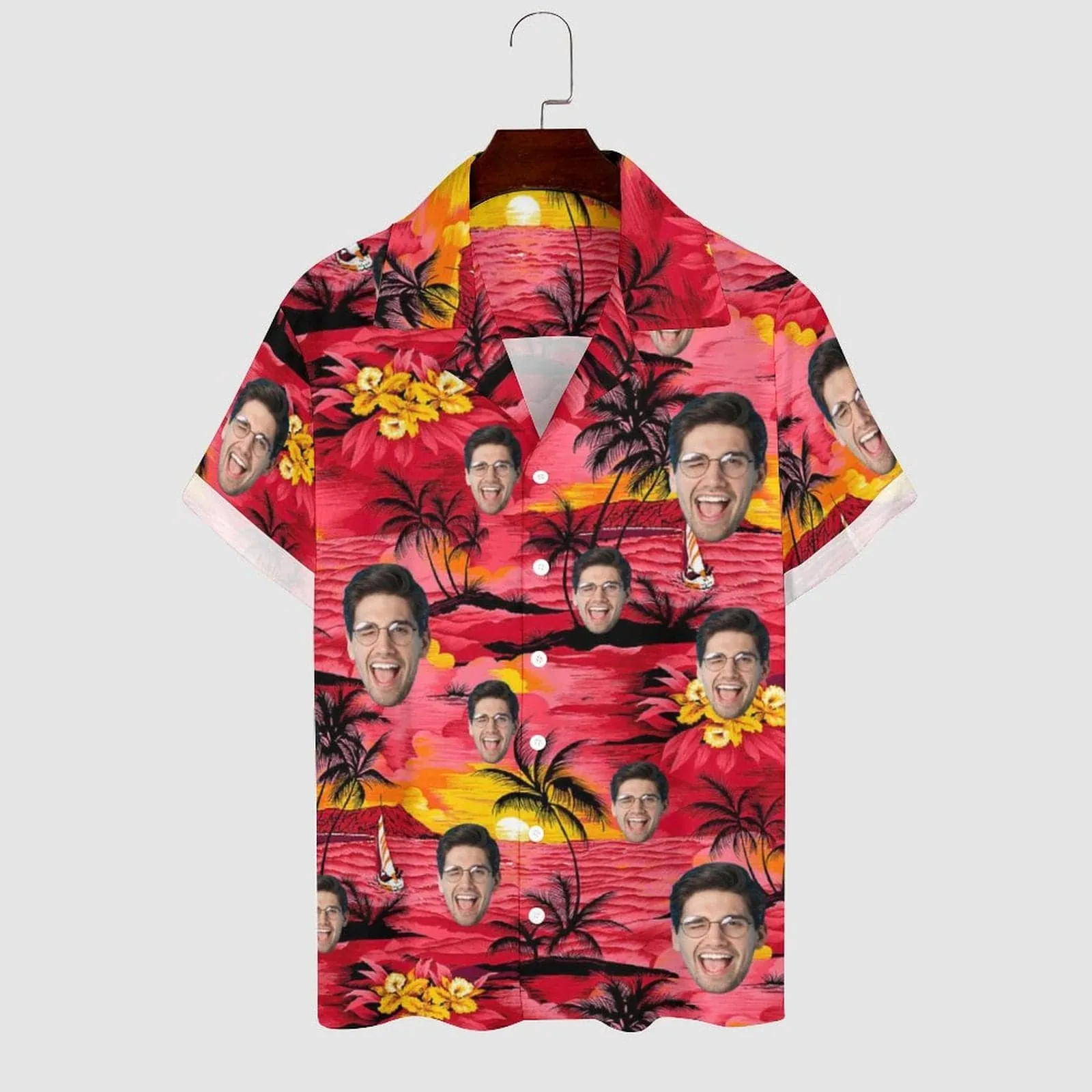 Custom Face Red Sea Sunset Cuban Collar Shirt Hawaiian Shirt for Husband or Boyfriend