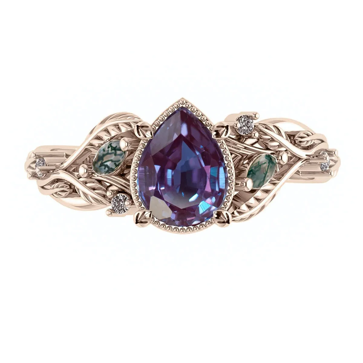 Custom order: Patricia ring with lab alexandrite, moss agates and S&P diamonds