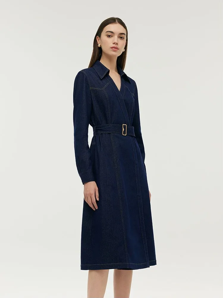 Denim Lapel Women Midi Dress With Belt