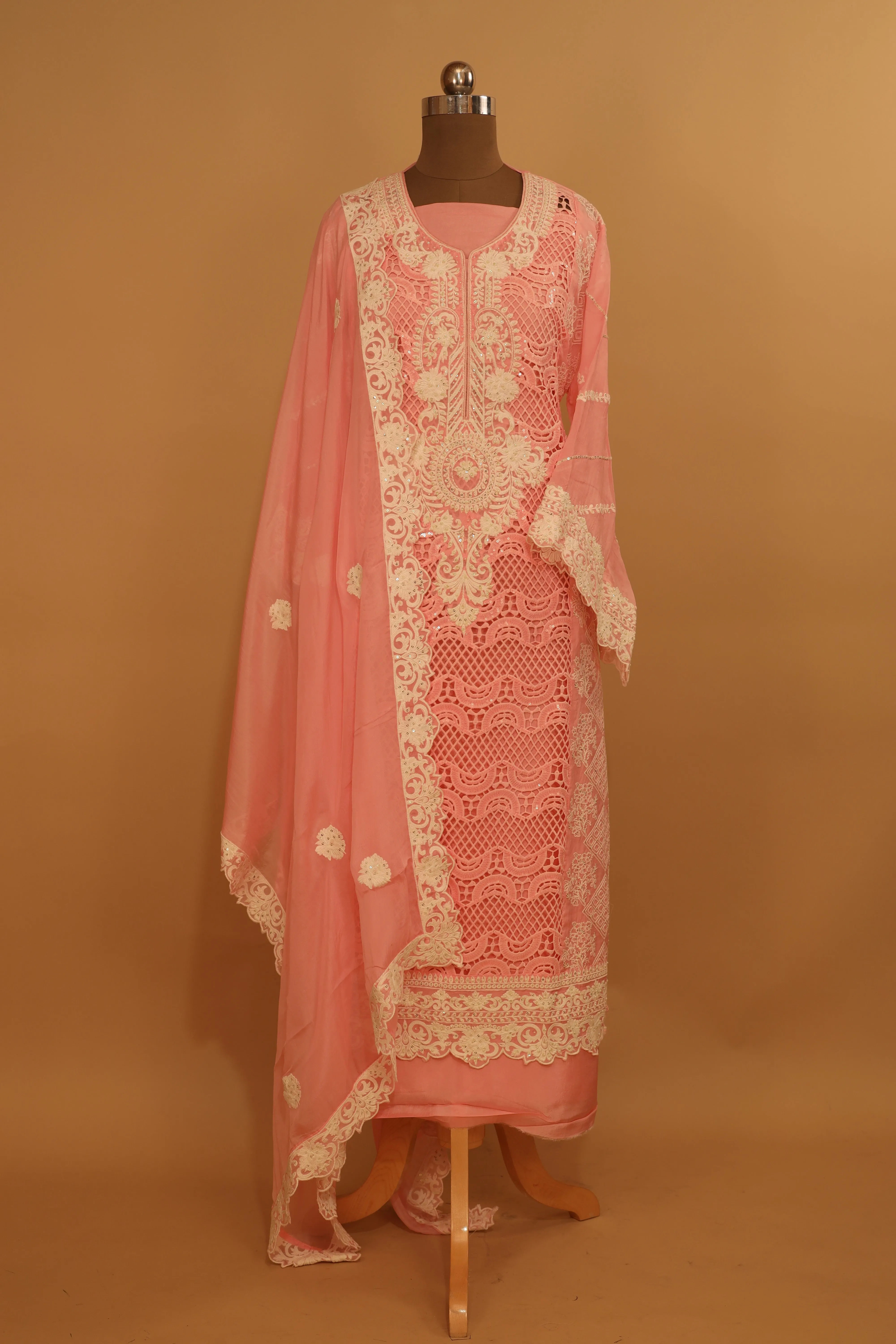 Designer Pink Embroidered Cutwork Organza Suit Dupatta