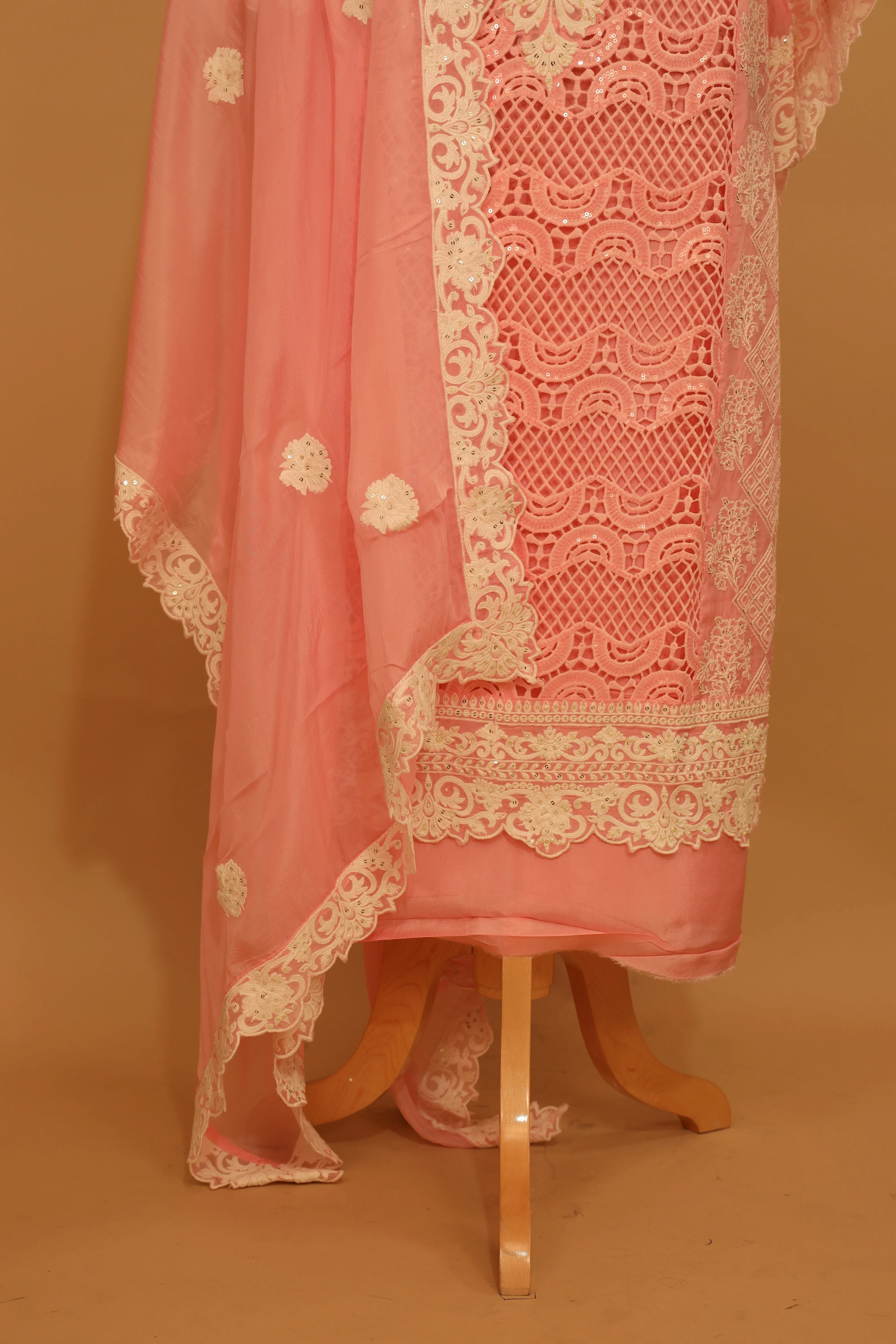 Designer Pink Embroidered Cutwork Organza Suit Dupatta