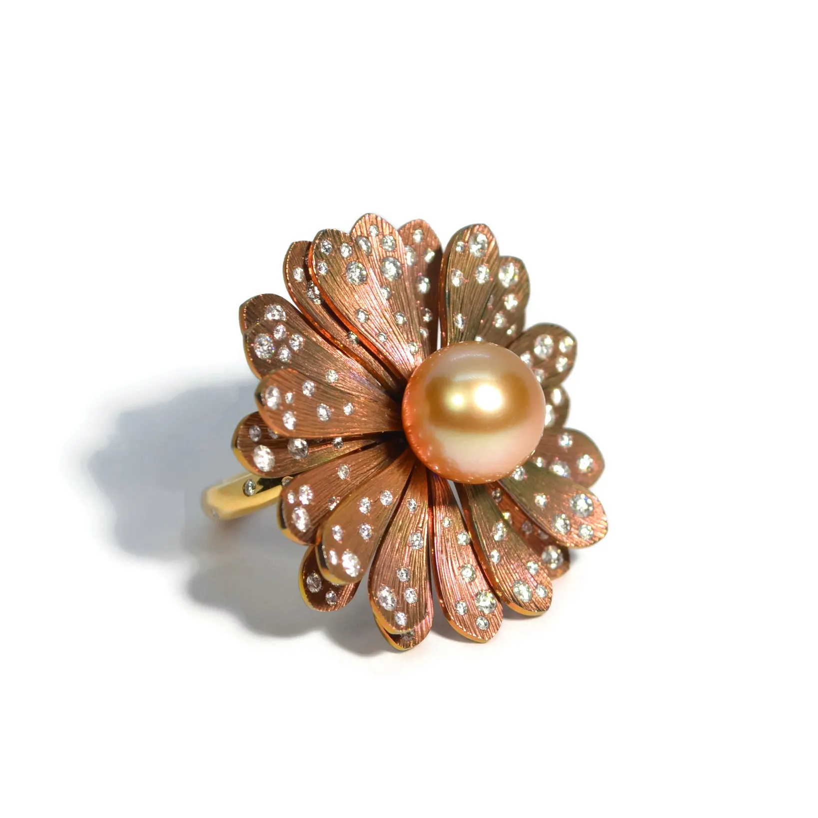 Eclat Jewels - One of a Kind Flower Ring with Gold Pearl and Diamonds, 18k Rose Gold and Titanium