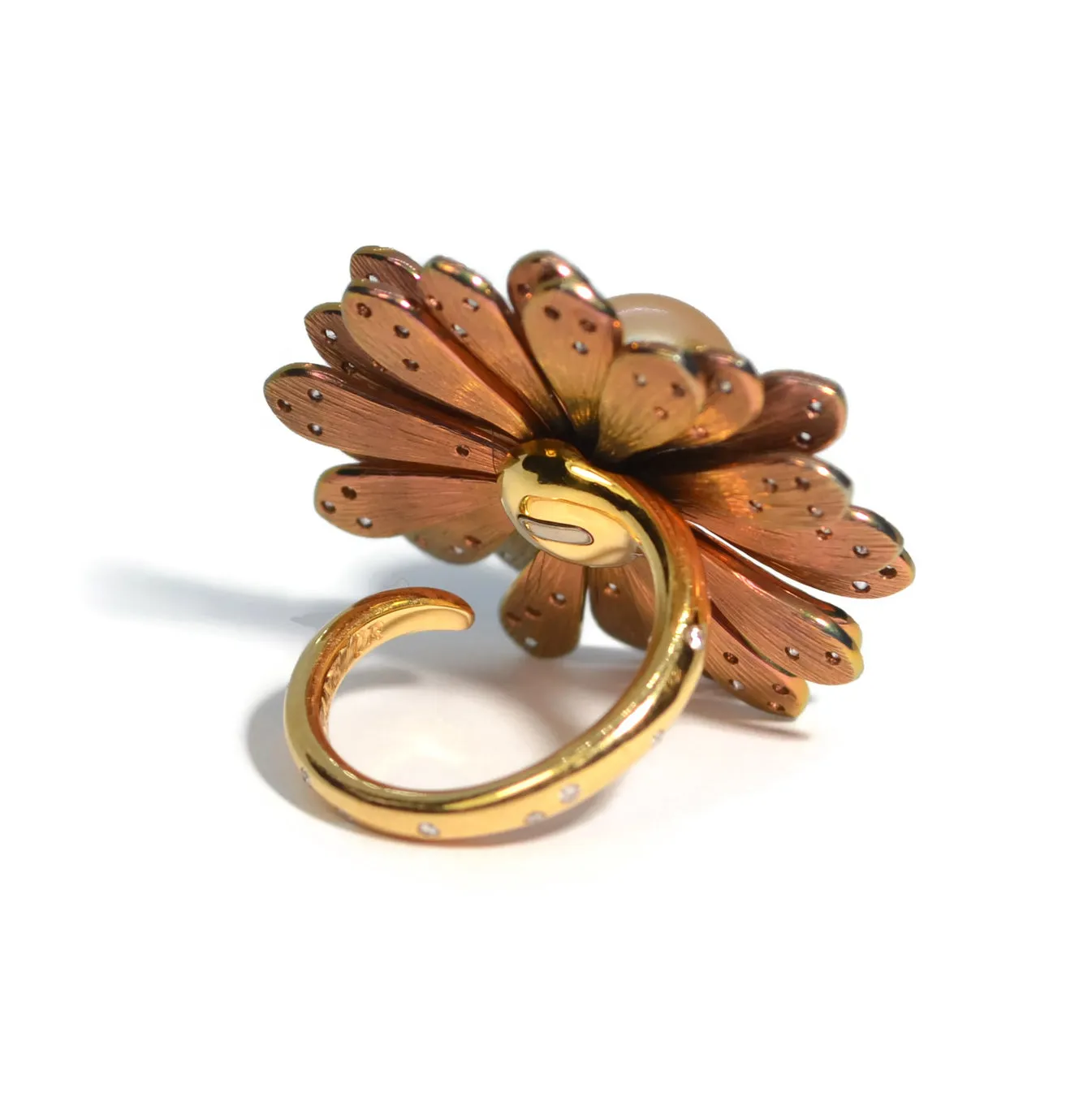 Eclat Jewels - One of a Kind Flower Ring with Gold Pearl and Diamonds, 18k Rose Gold and Titanium