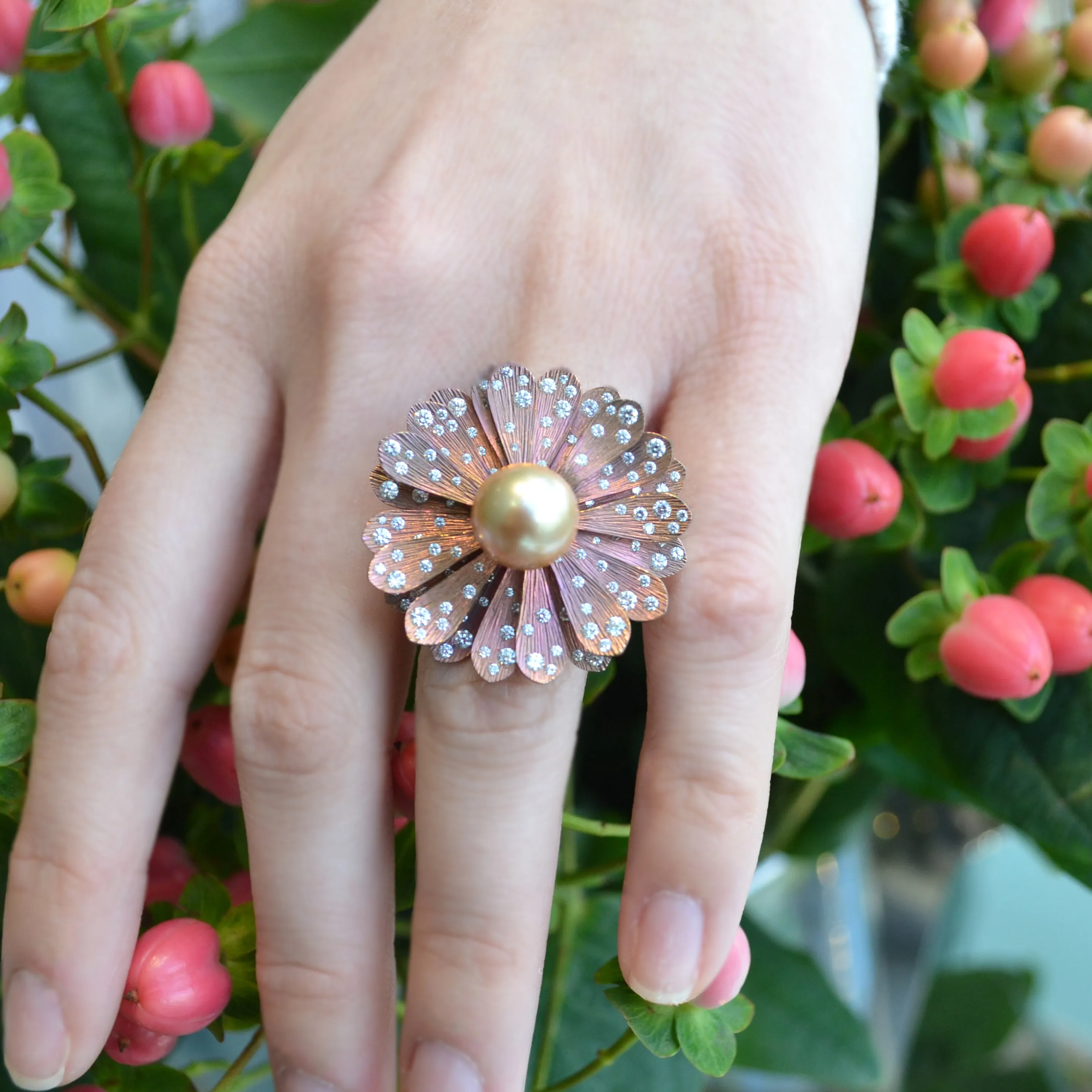 Eclat Jewels - One of a Kind Flower Ring with Gold Pearl and Diamonds, 18k Rose Gold and Titanium