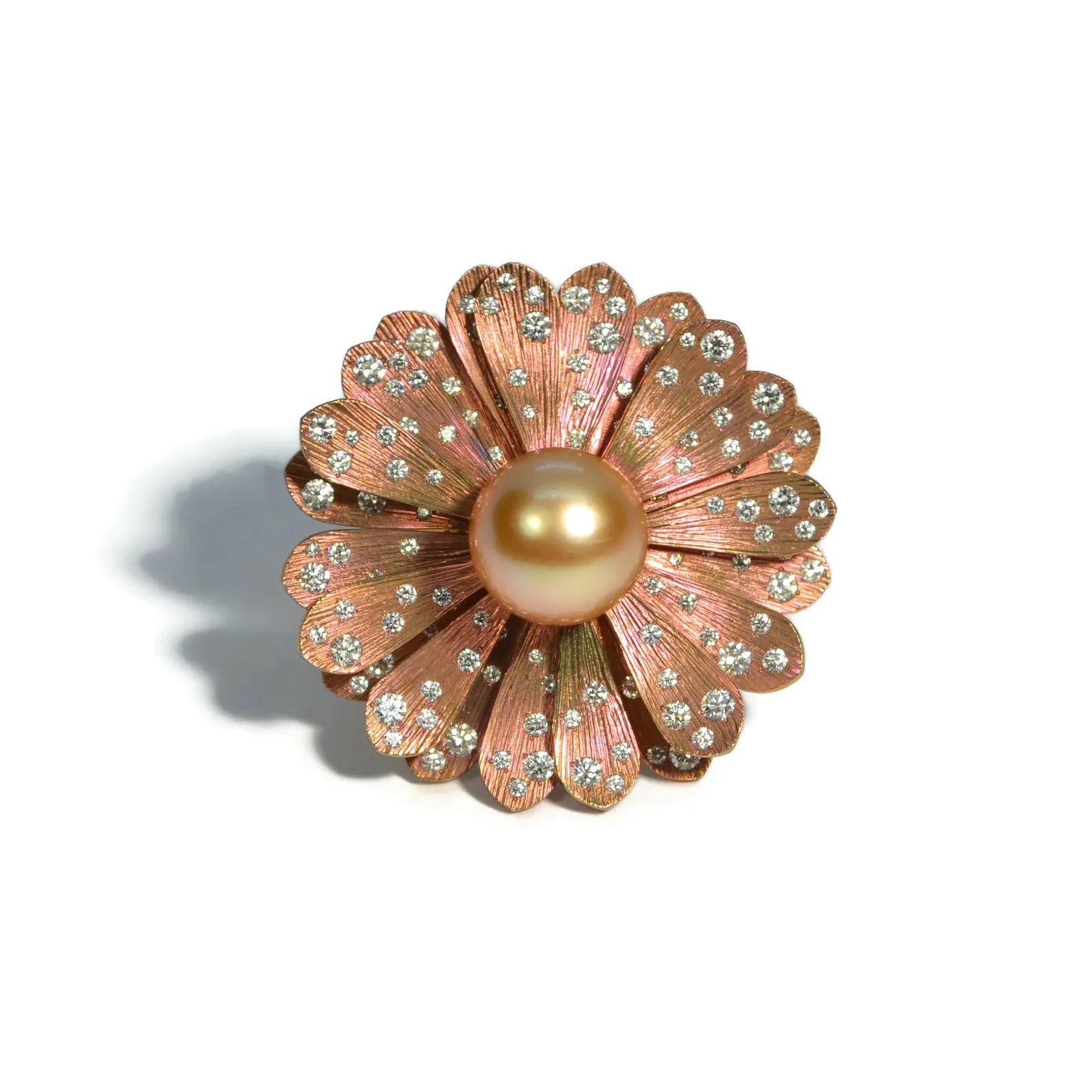 Eclat Jewels - One of a Kind Flower Ring with Gold Pearl and Diamonds, 18k Rose Gold and Titanium