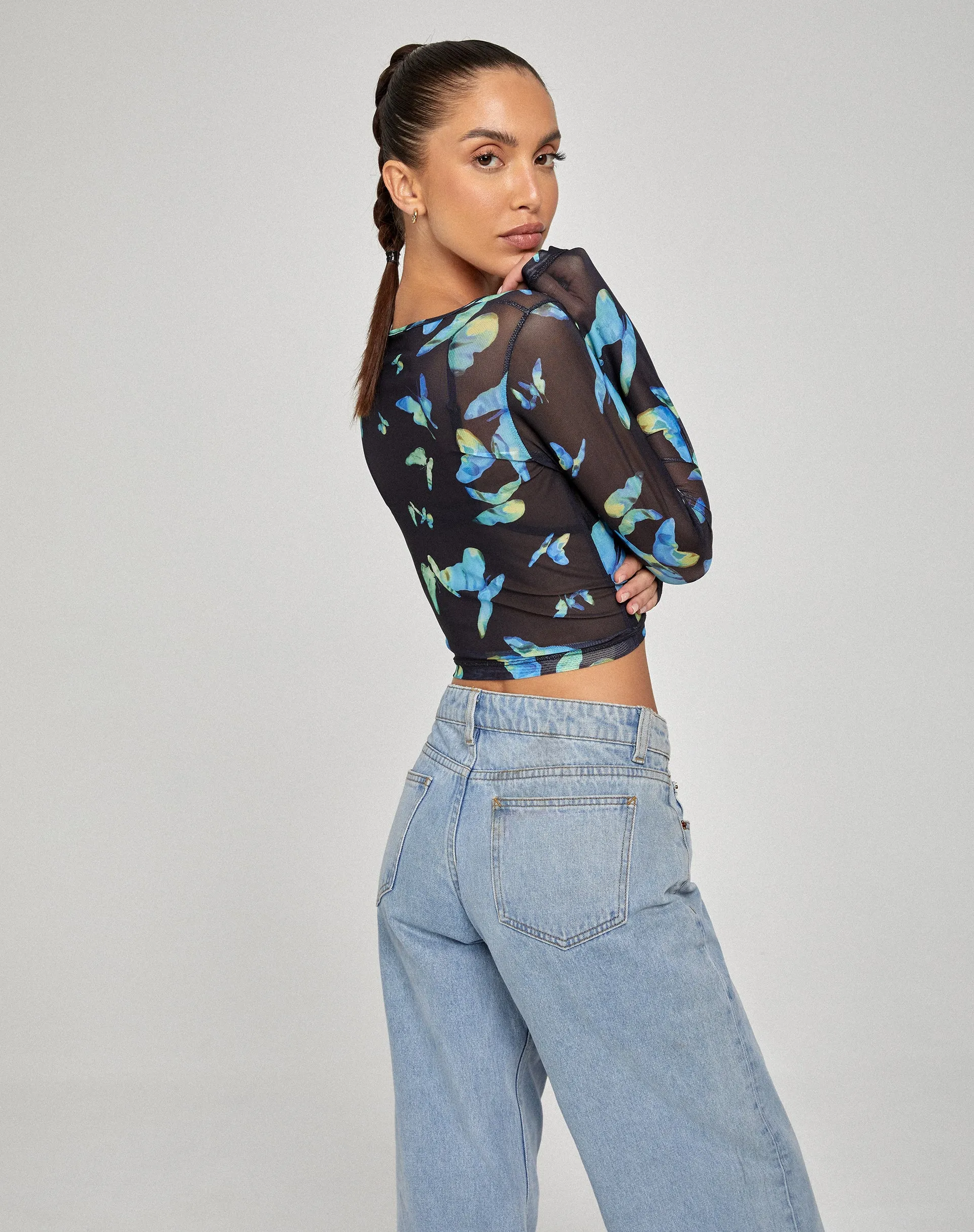 Elijah Long Sleeve Top in Butterfly Watercolour Black