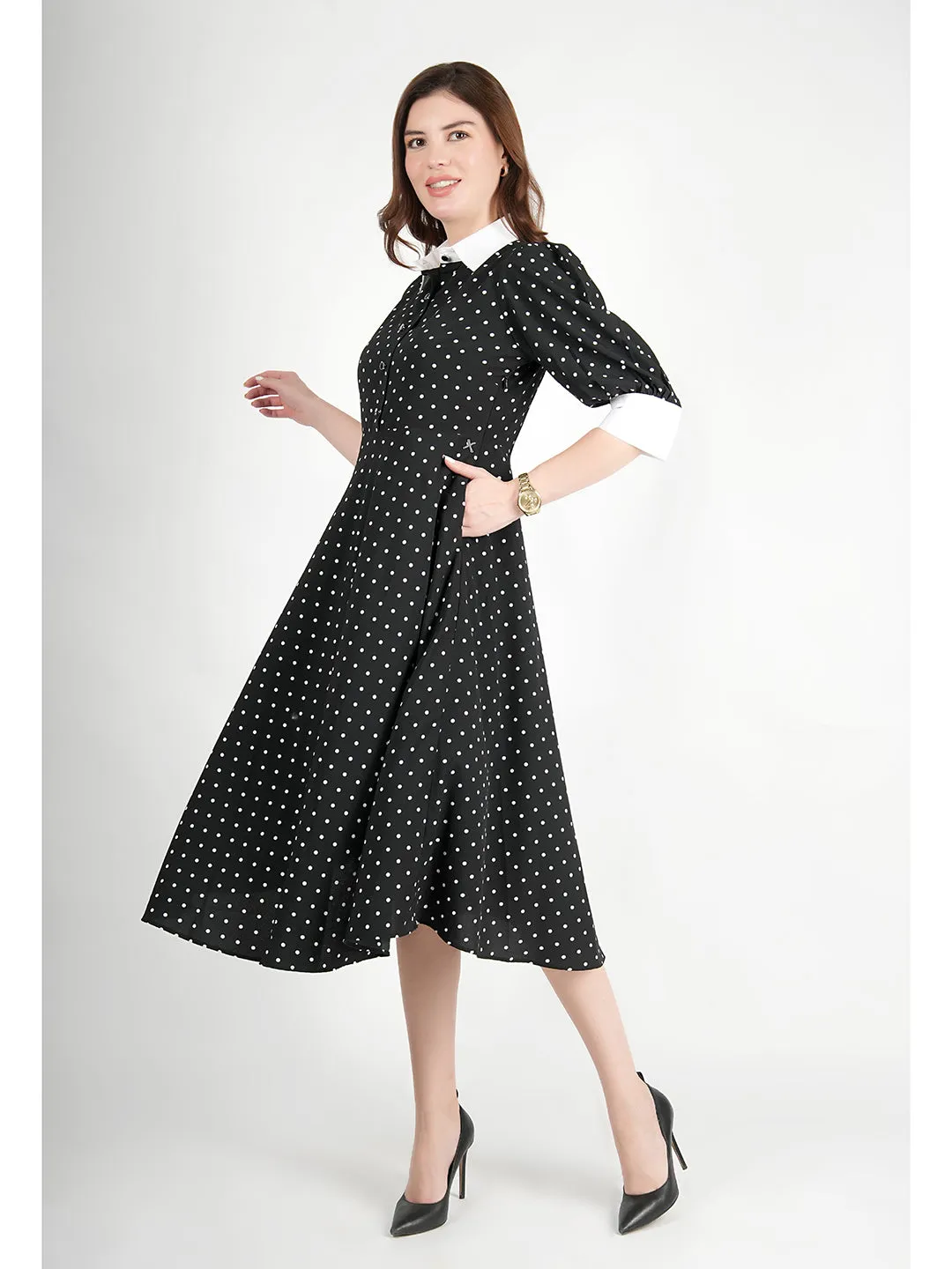 Exude Exploration Polka Dress With Pockets (Black)