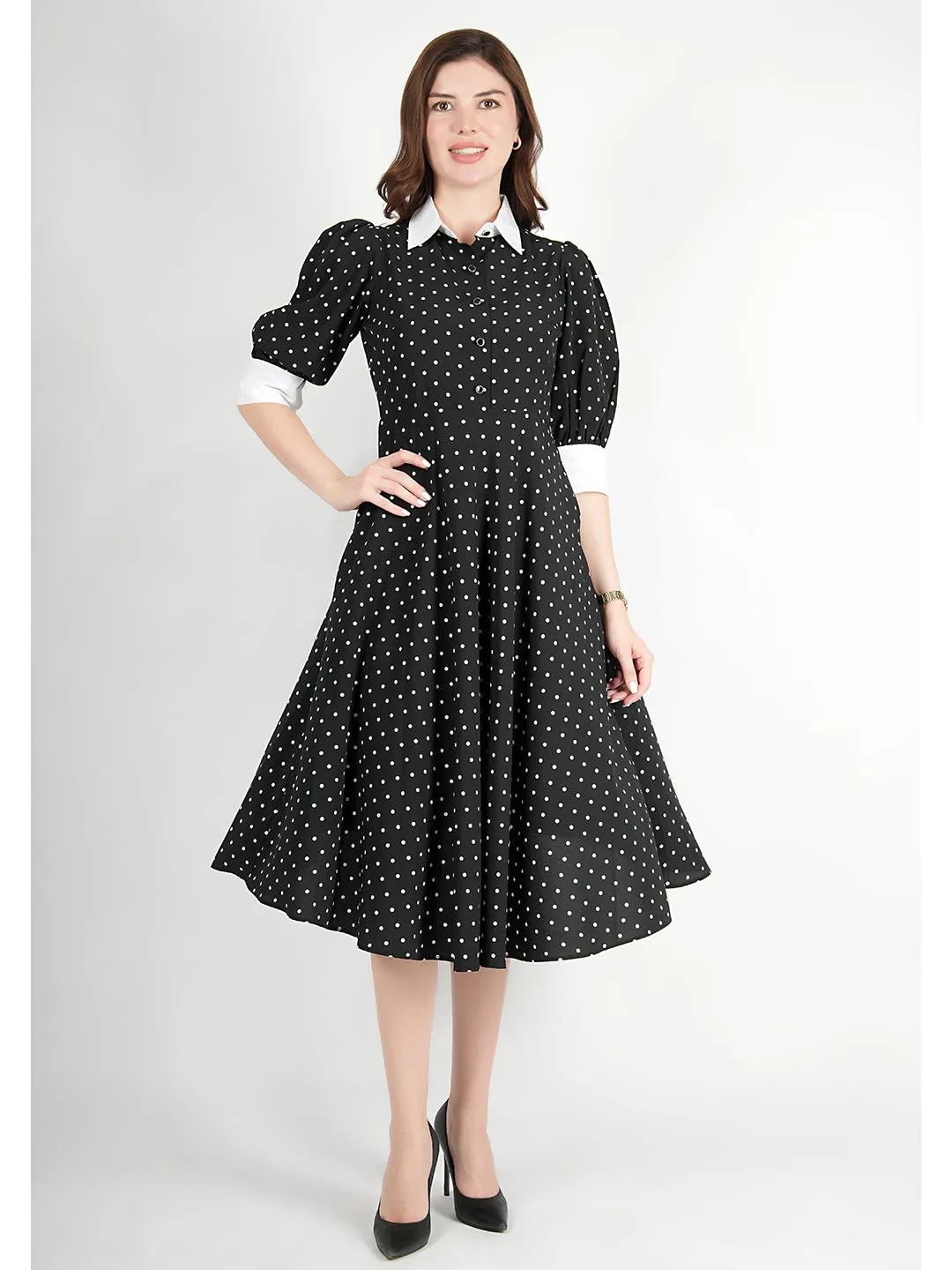 Exude Exploration Polka Dress With Pockets (Black)