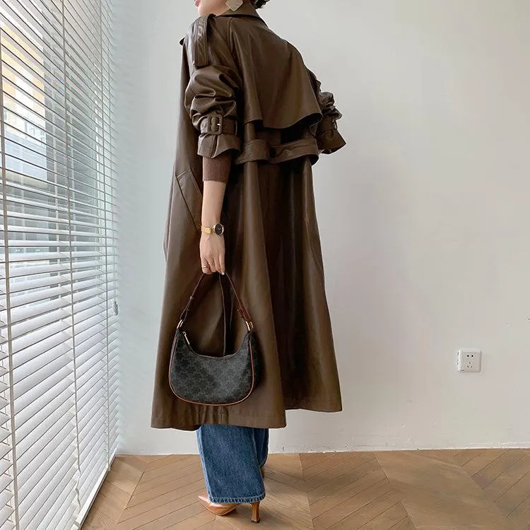 Faux Leather Long Trench Coat 2 Colors Black Brown