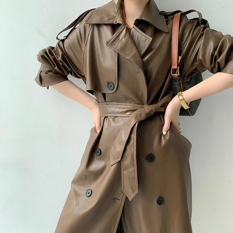 Faux Leather Long Trench Coat 2 Colors Black Brown