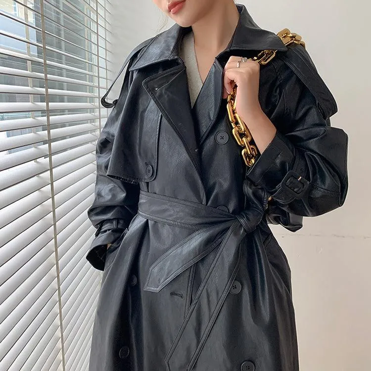 Faux Leather Long Trench Coat 2 Colors Black Brown