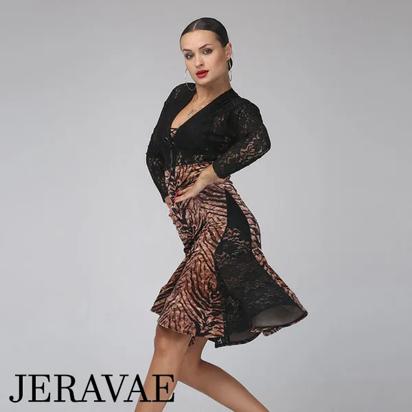 Floral or Tiger Print Latin Practice Dress with High Waist and Transparent Top with Long Sleeves and Lace-up Neckline PRA 410