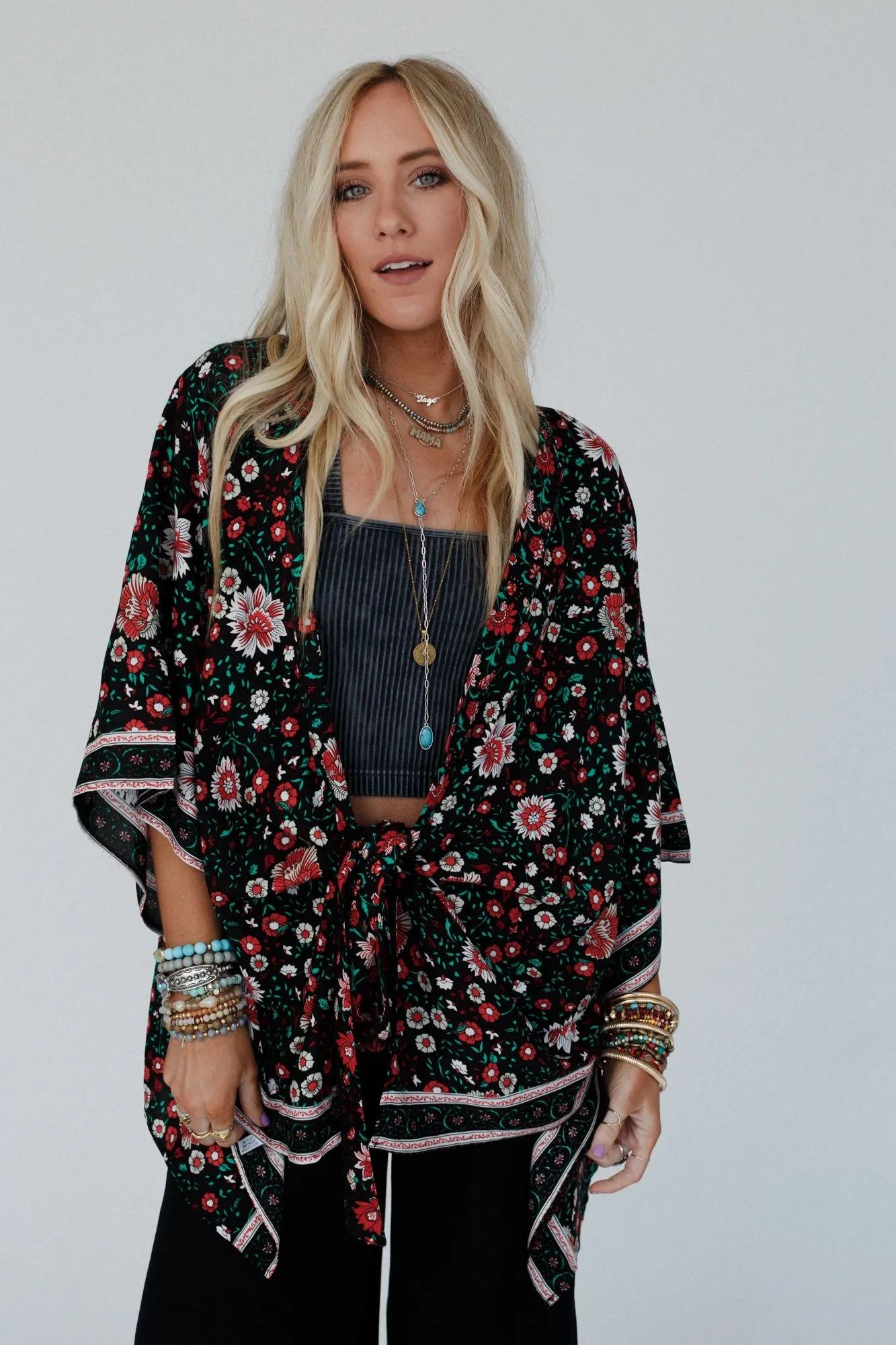 Flower Daze Front Tie Kimono - Black