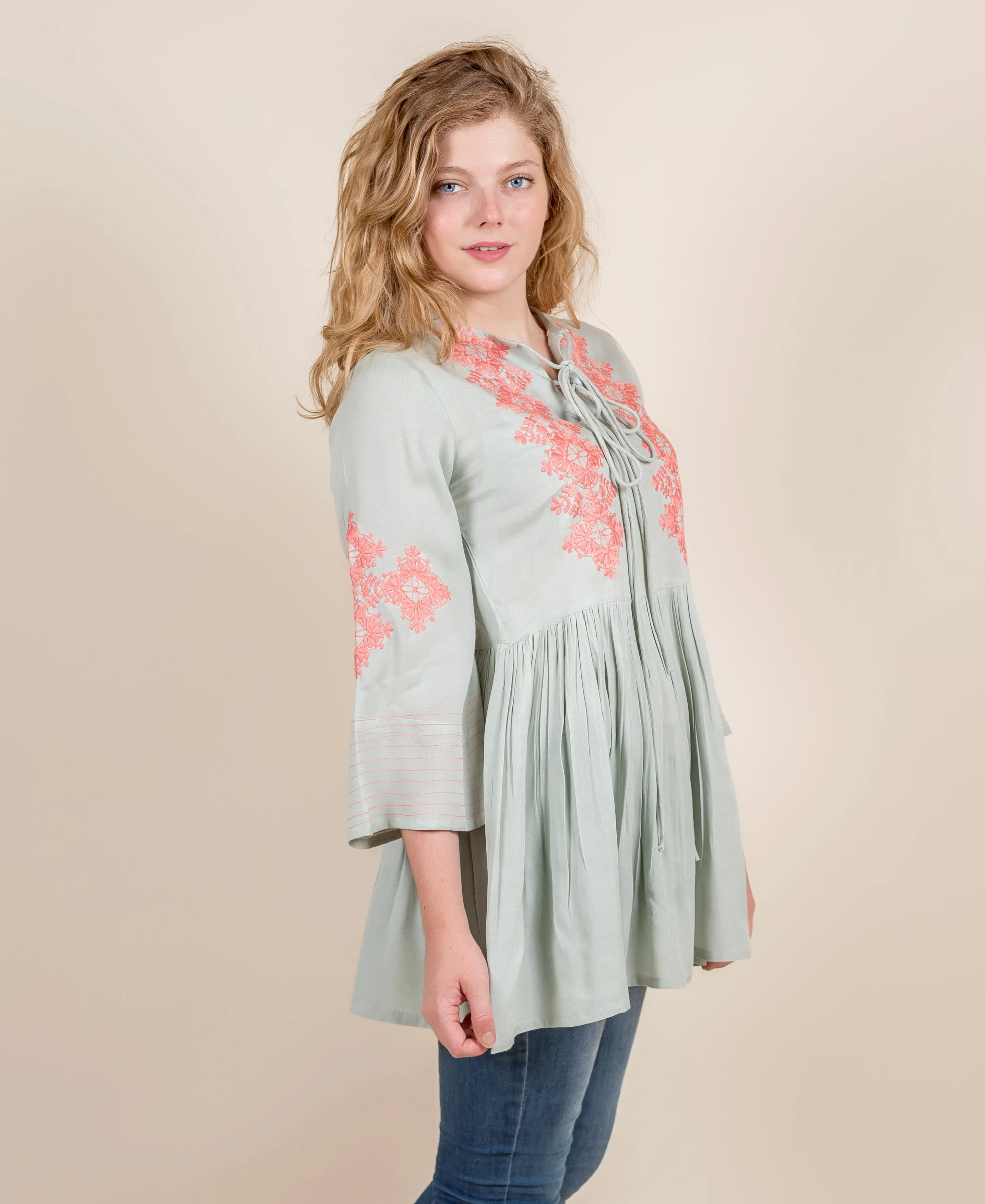 Front Body Top In Mint Green With Peach Embroidery