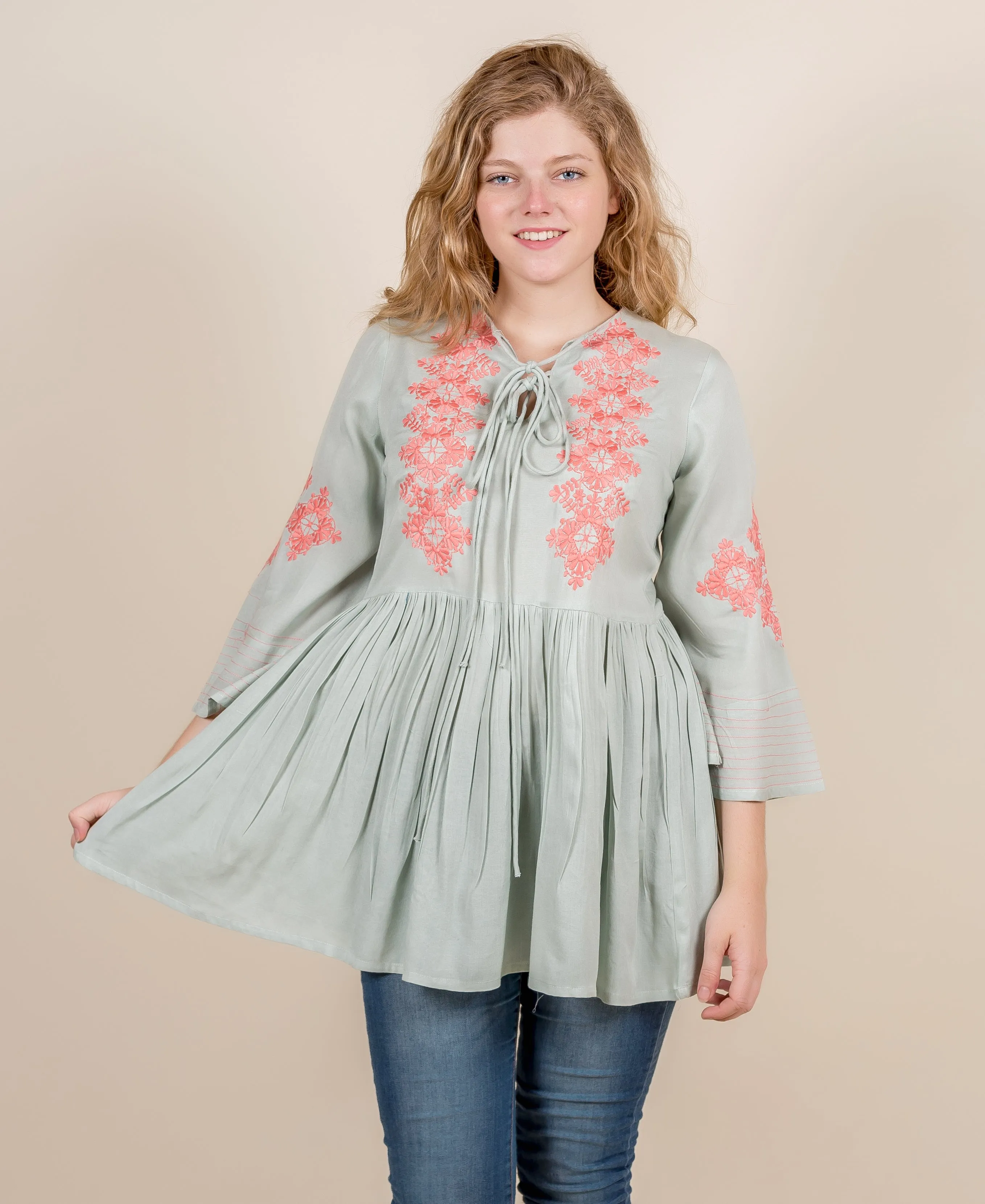 Front Body Top In Mint Green With Peach Embroidery