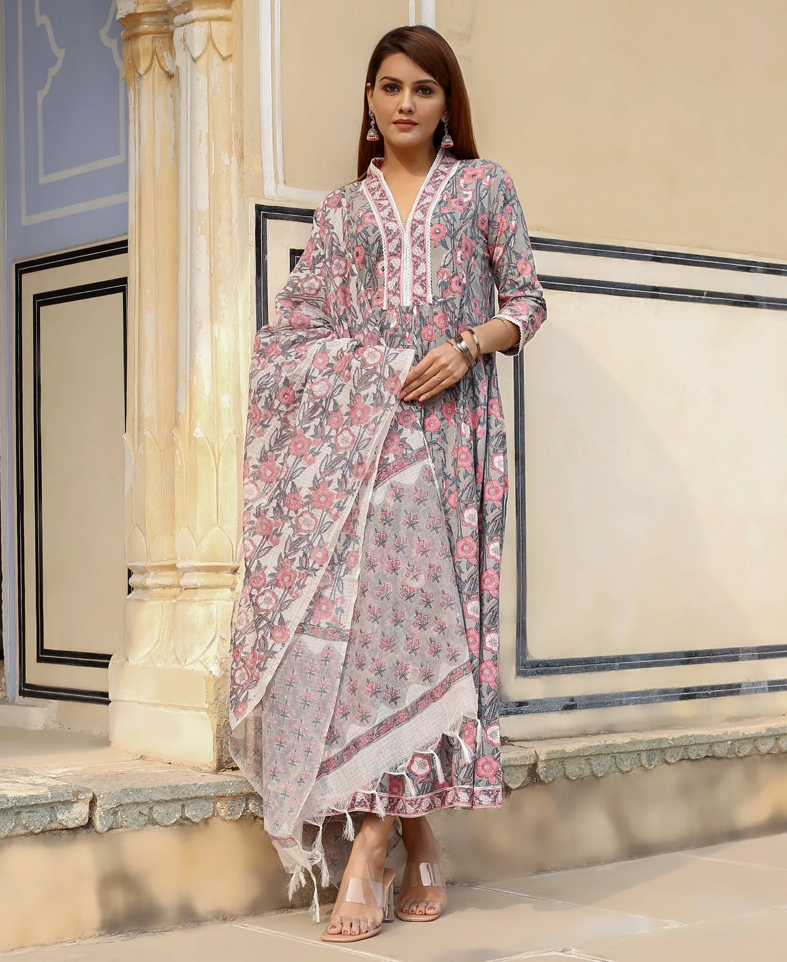 Gauri Grey and Pink Hand Block Printed Dress