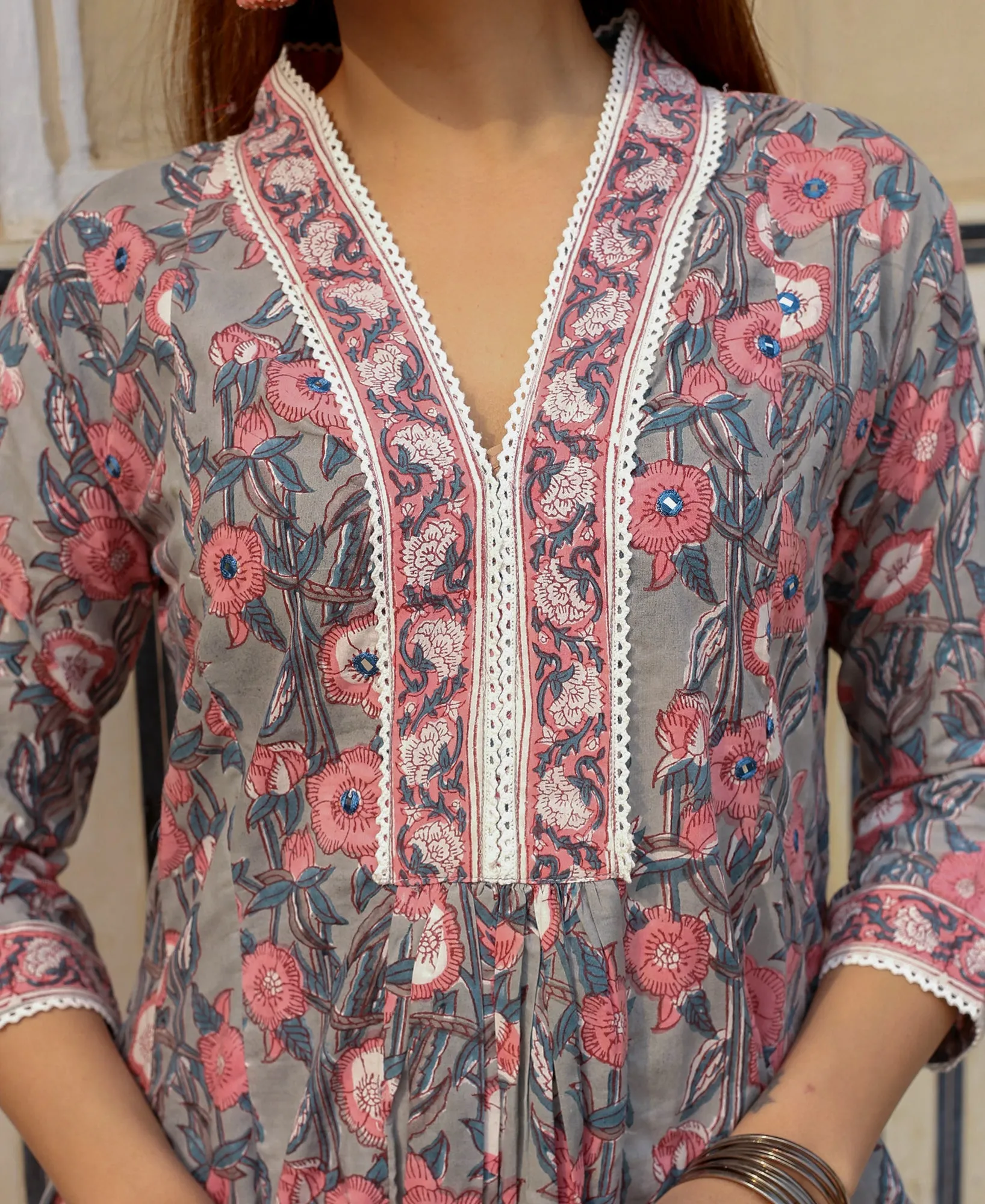 Gauri Grey and Pink Hand Block Printed Dress