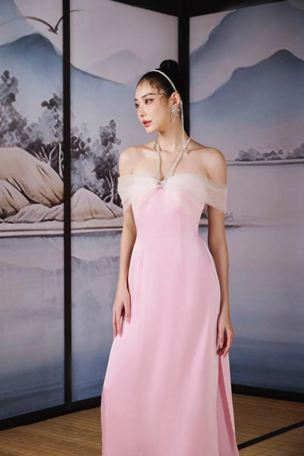 Giai Ky A-line Halter Neck Silk Satin Ankle Length Ao Dai