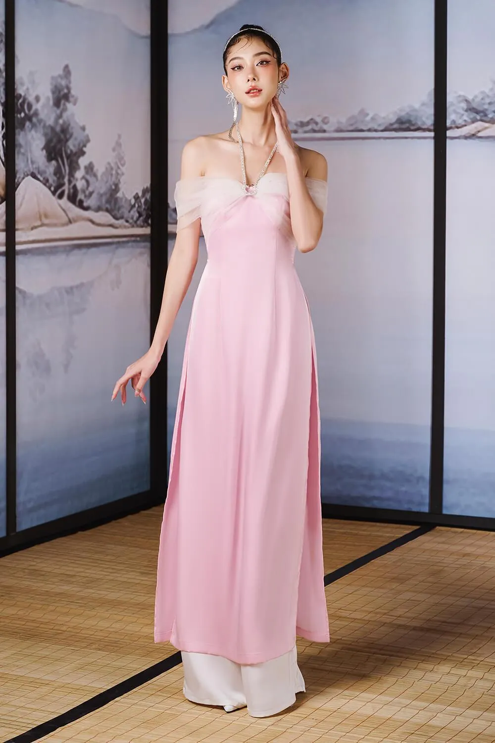 Giai Ky A-line Halter Neck Silk Satin Ankle Length Ao Dai