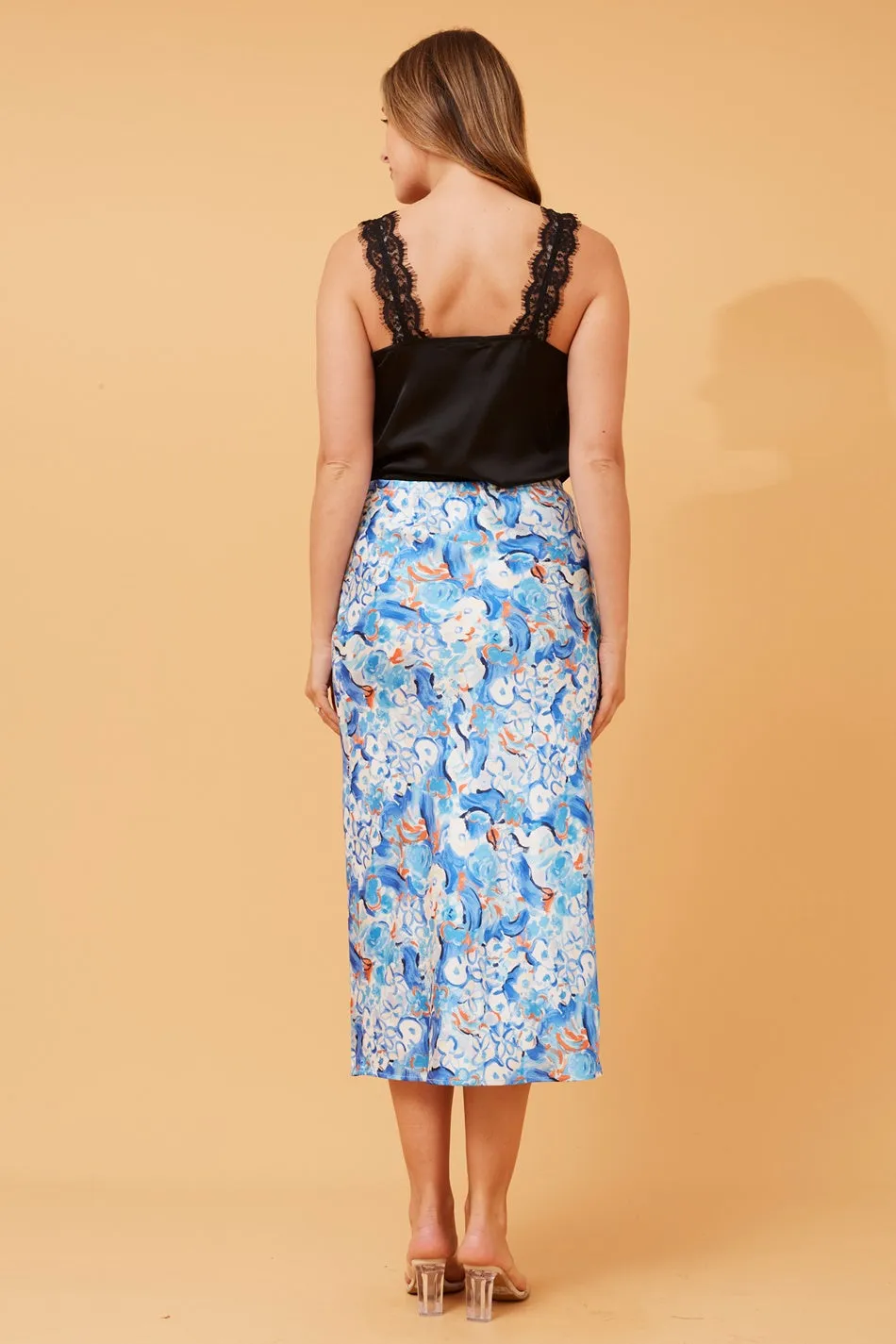 GLINDA SATIN PRINTED MIDI SKIRT