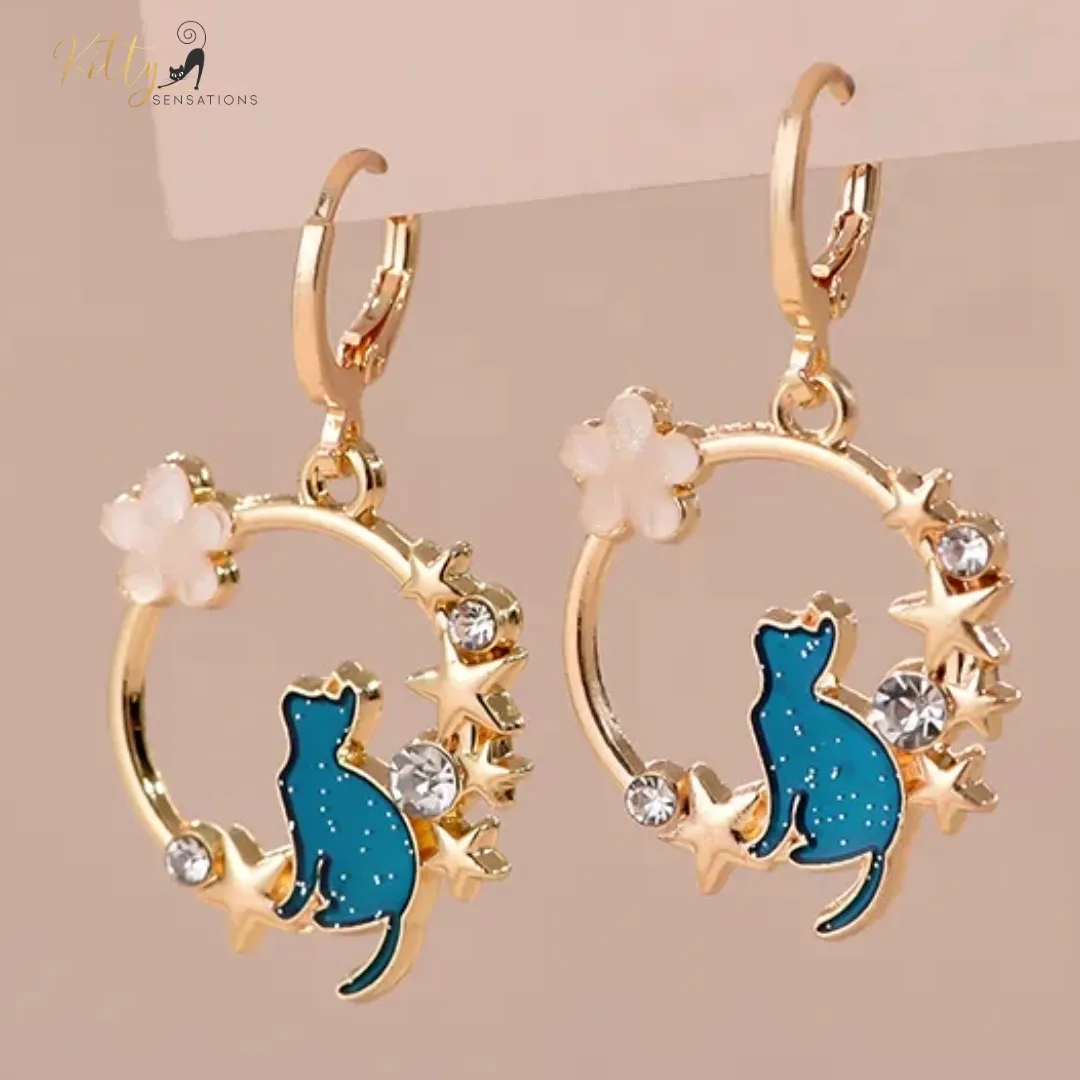 Jasmine and Stars - Crystal, CZ, and Enamel Kitty Dangle Earrings - Pink or Blue