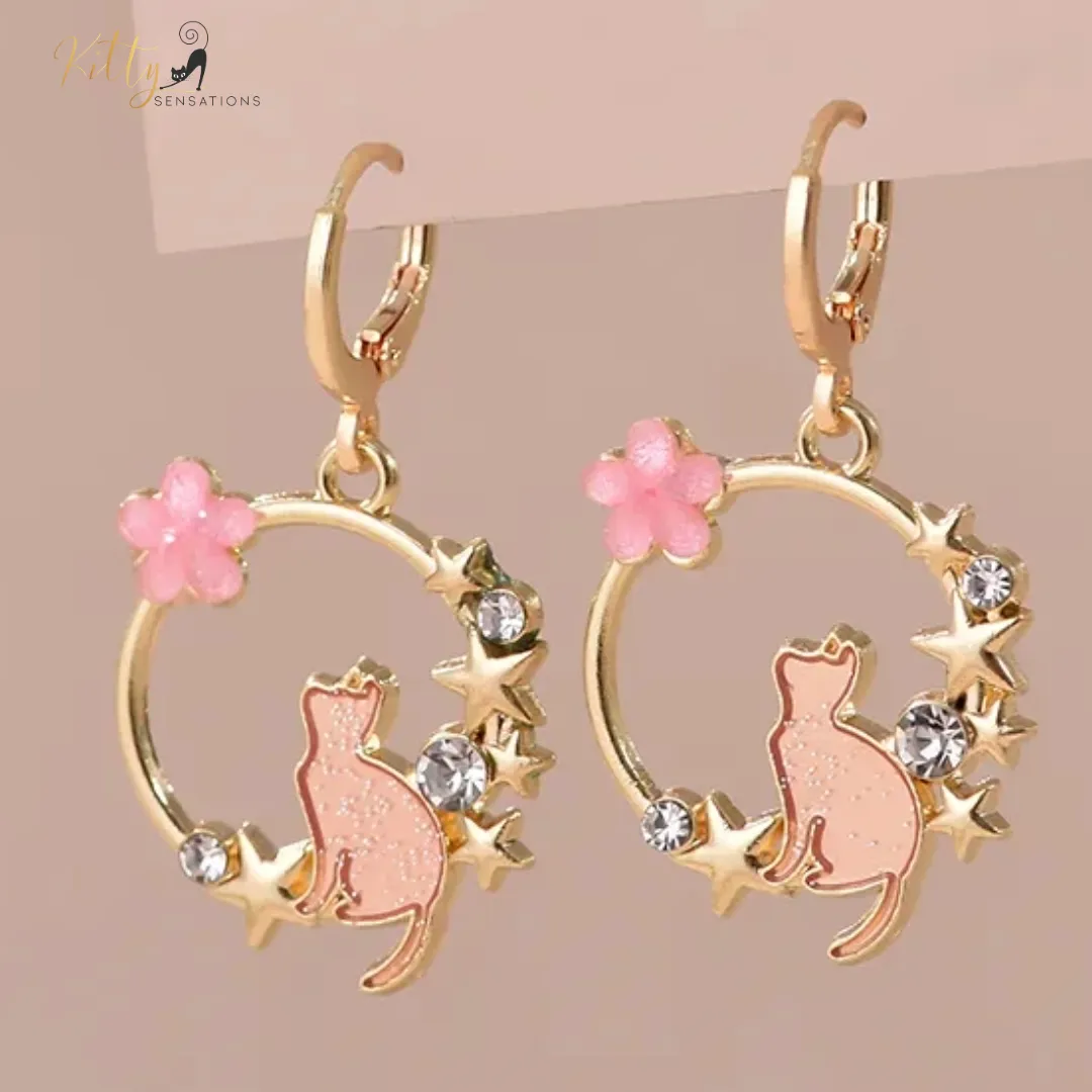 Jasmine and Stars - Crystal, CZ, and Enamel Kitty Dangle Earrings - Pink or Blue