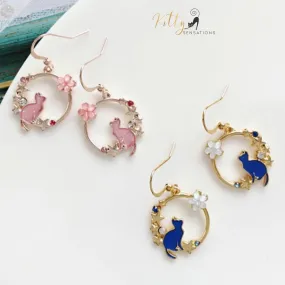 Jasmine and Stars - Crystal, CZ, and Enamel Kitty Dangle Earrings - Pink or Blue