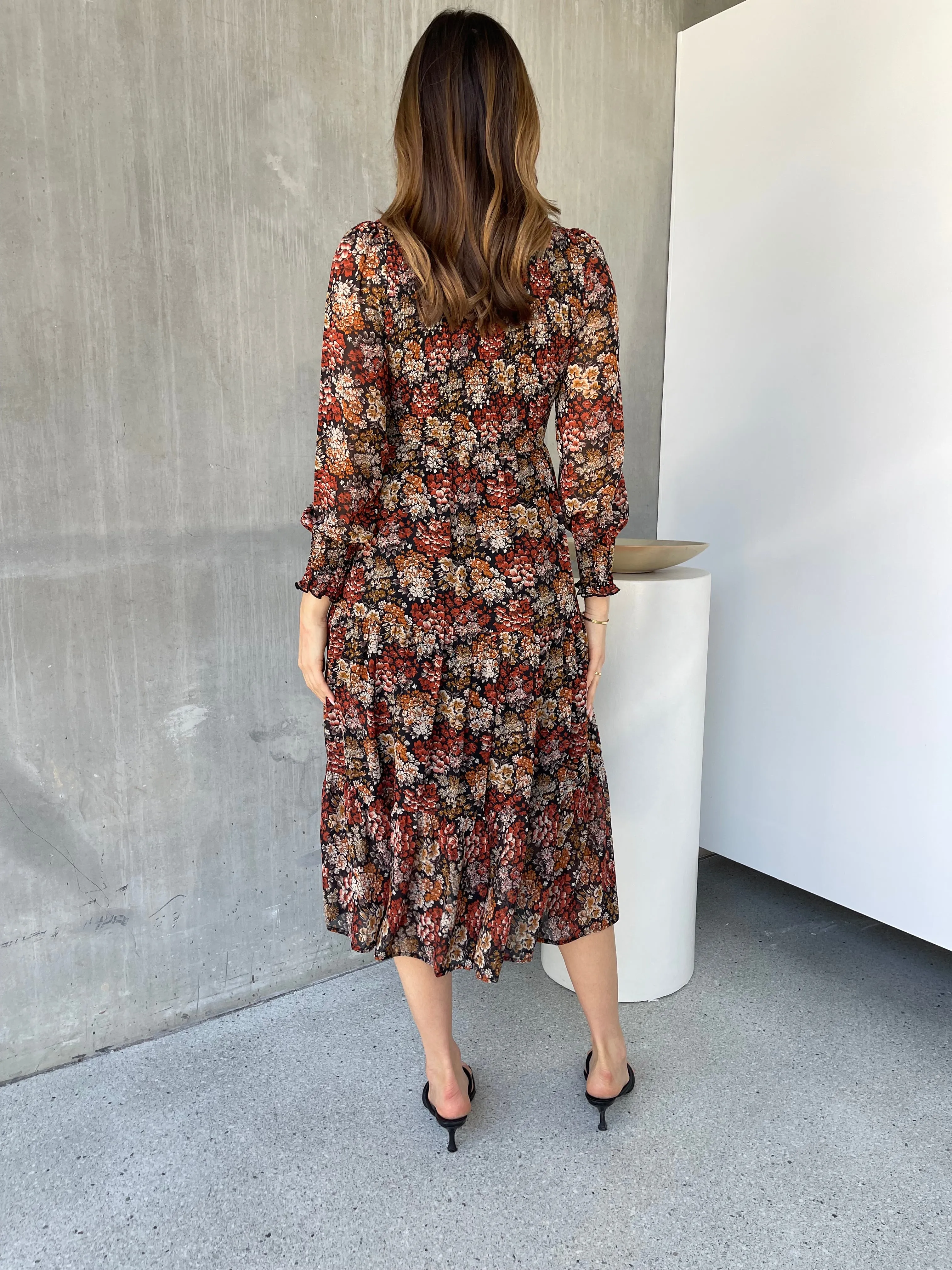 Jora Rust Floral Print Chiffon Shirred Autumn Midi Dress