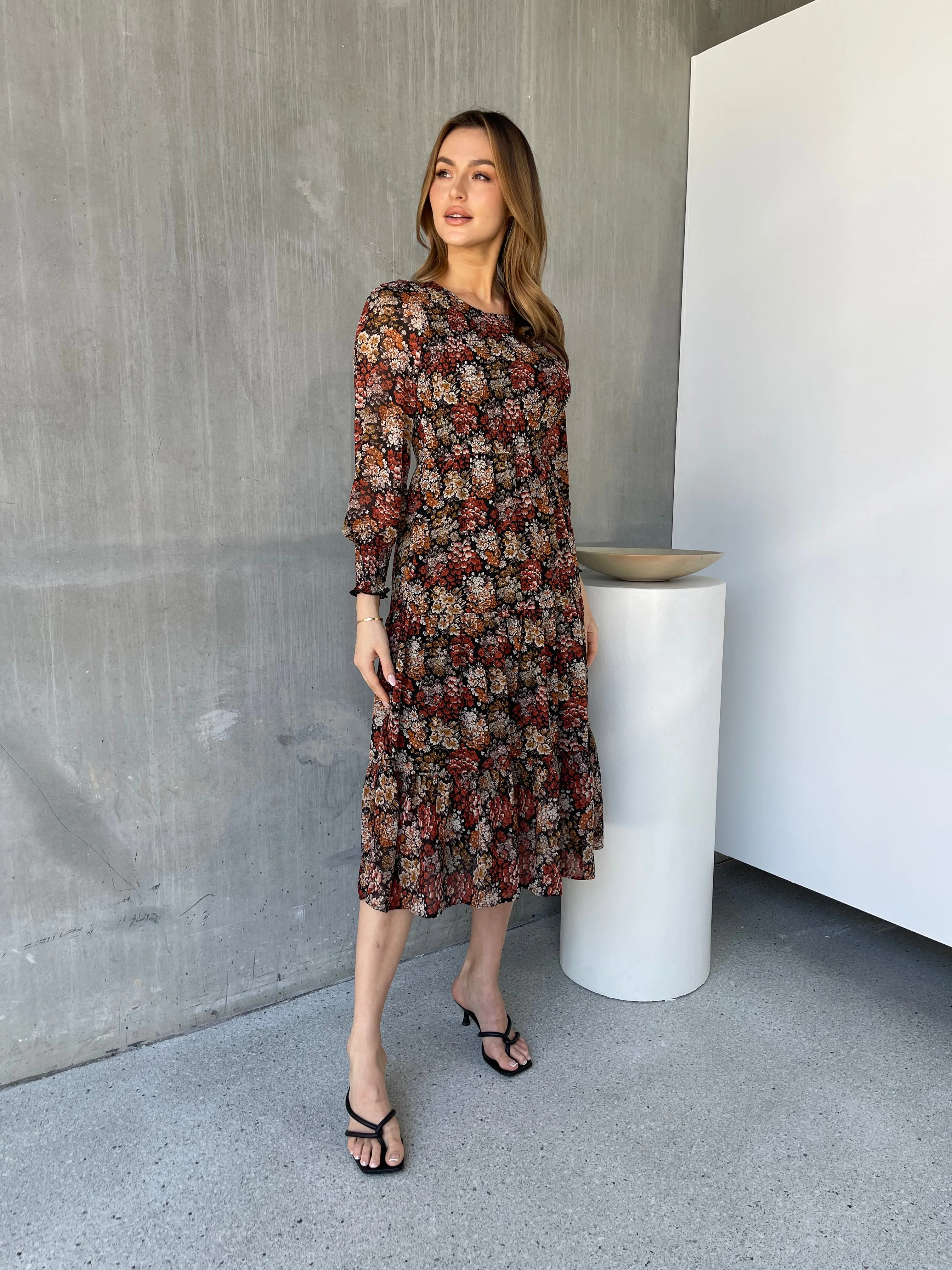 Jora Rust Floral Print Chiffon Shirred Autumn Midi Dress